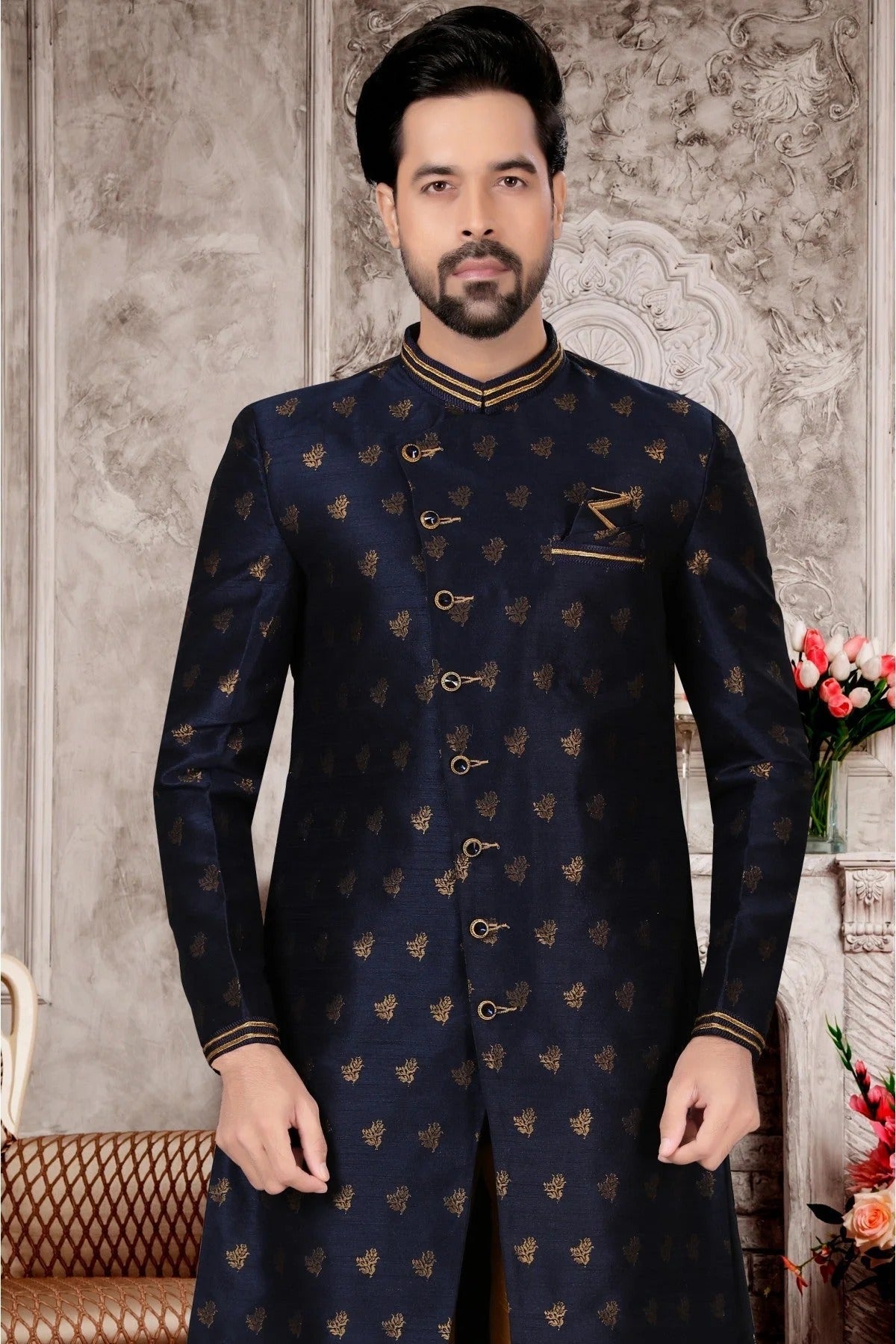 Navy Blue Colour Jacquard Sherwani SH1040278 A