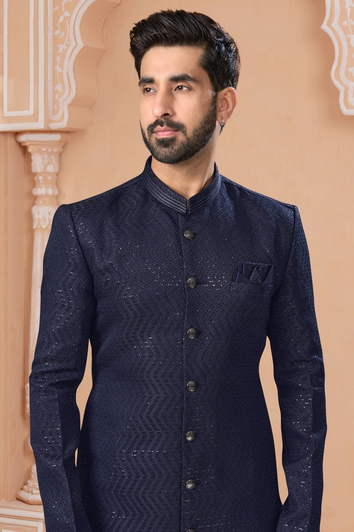 Navy Blue Colour Jacquard Sherwani SH1040552 A