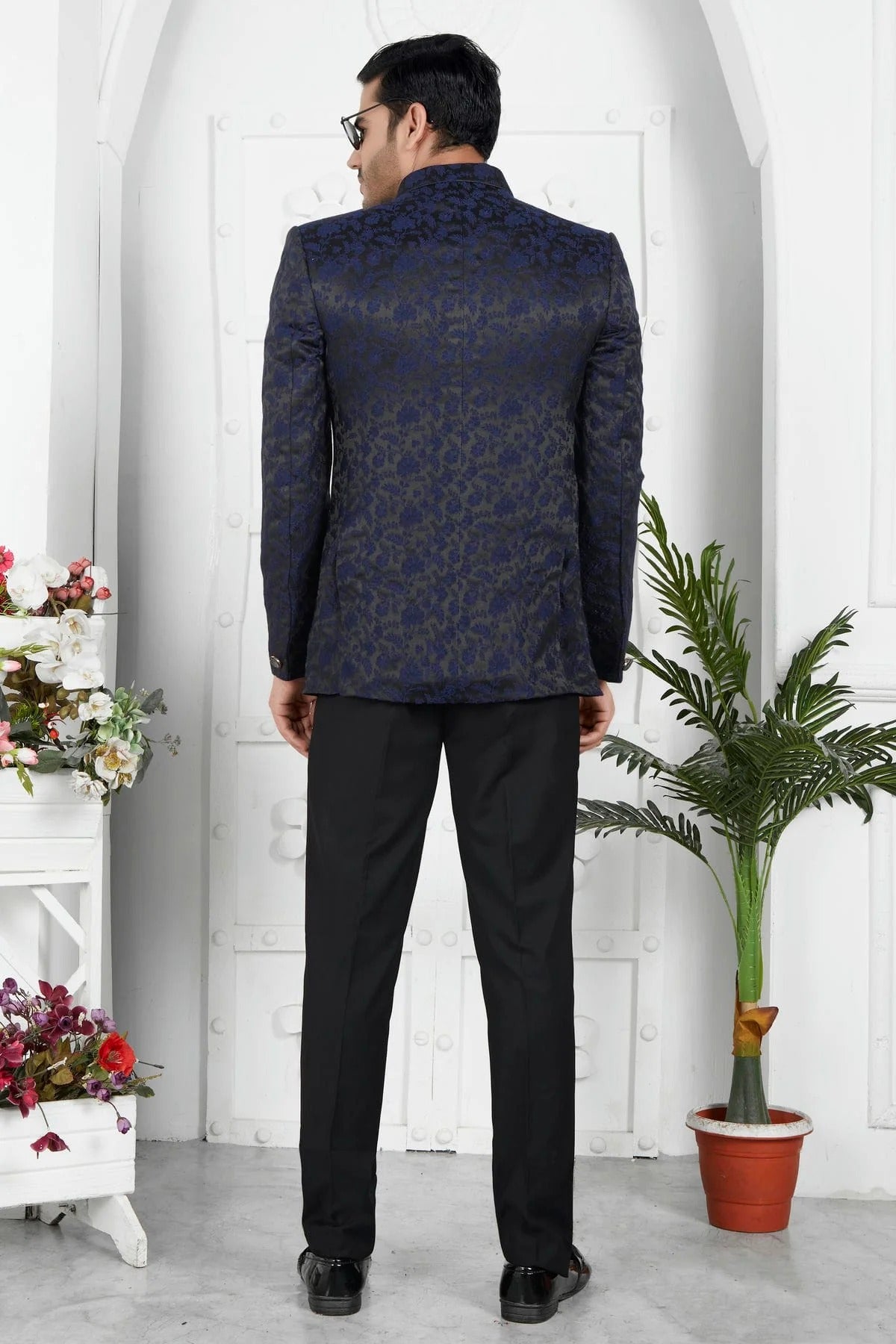 Navy Blue Colour Jacquard Silk Jodhpuri Jacket JP1230119 B