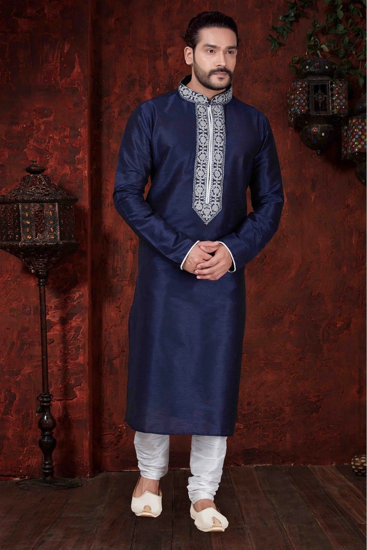 Navy Blue Colour Kurta Pajama In Art Dhupion Fabric KP1040056