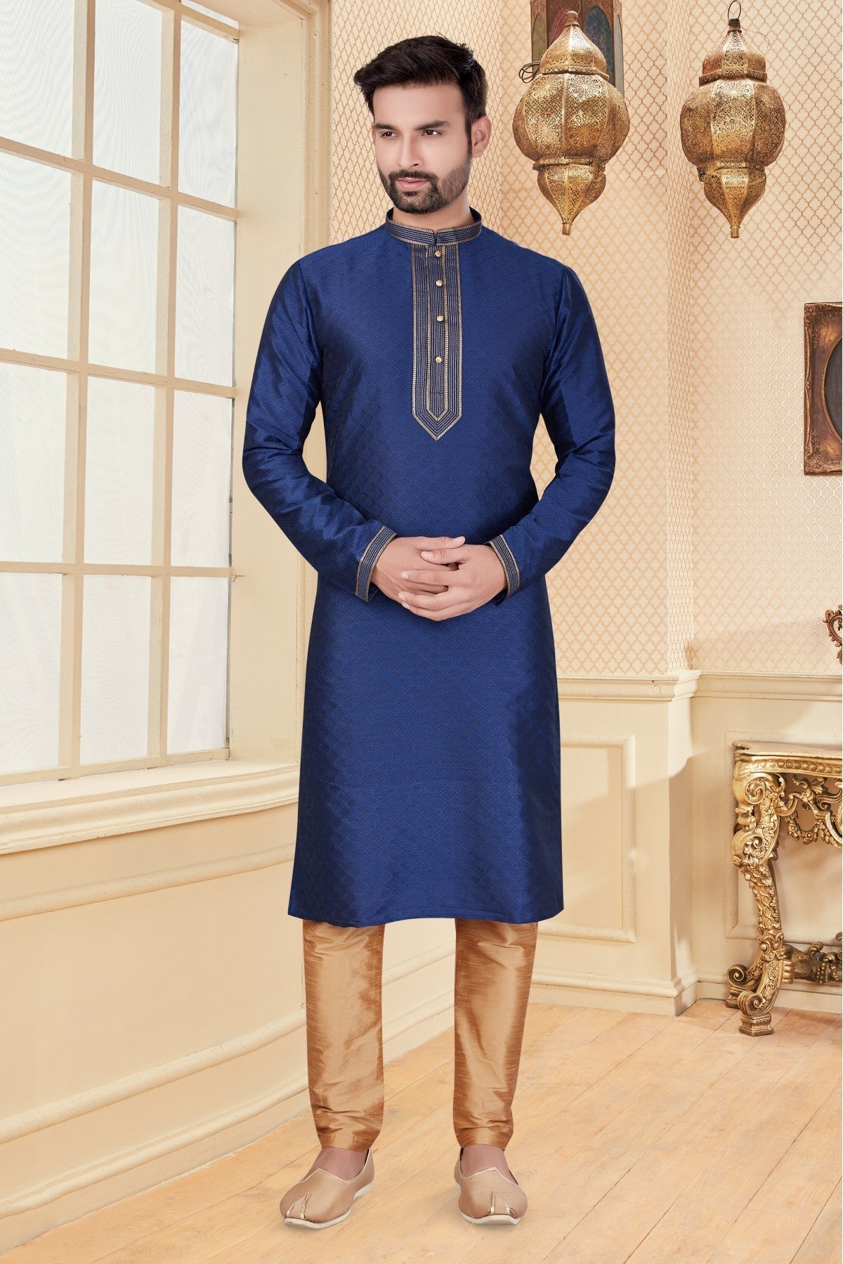 Navy Blue Colour Kurta Pajama In Jacquard Fabric KP1040102