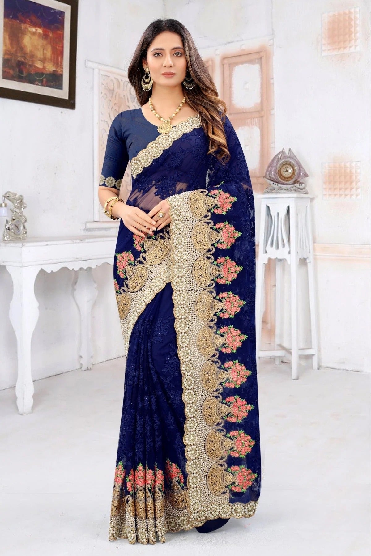 Navy Blue Colour Net Embroidery Saree SD1090220