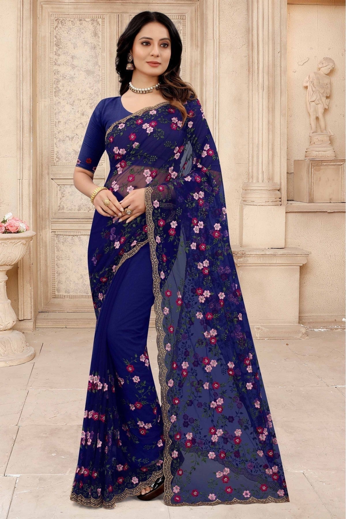 Navy Blue Colour Net Embroidery Saree SD1090316