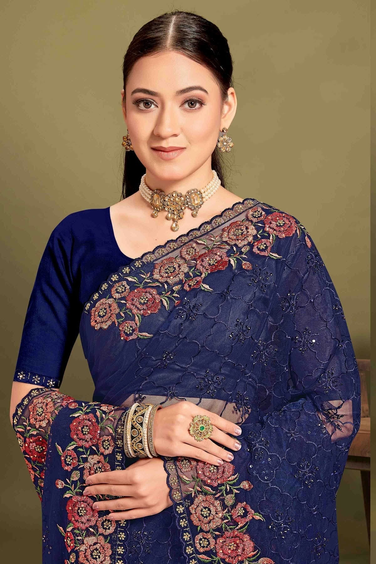 Navy Blue Colour Net Embroidery Work Designer Saree SD1091238 A