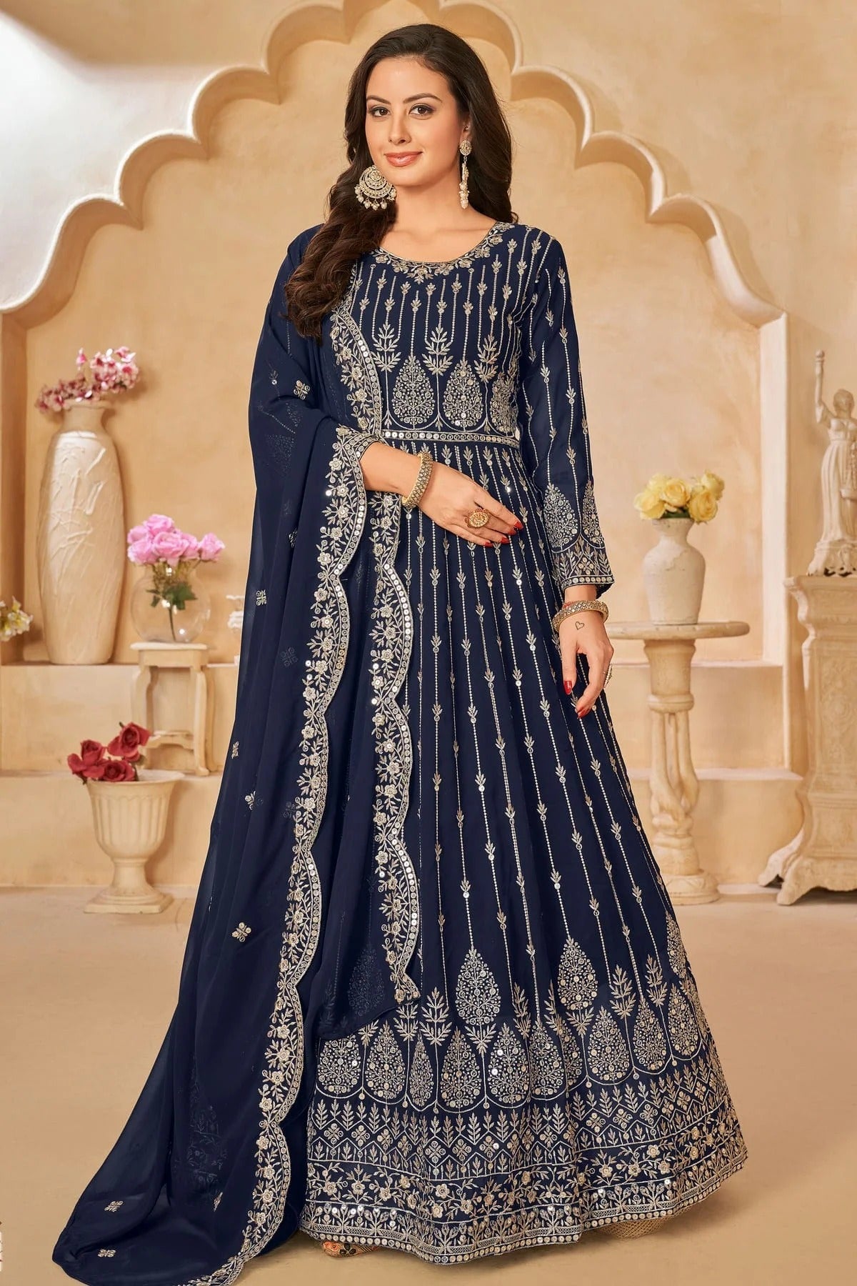 Navy Blue Colour Semi Stitched Faux Georgette Anarkali Suit SM1050426 A
