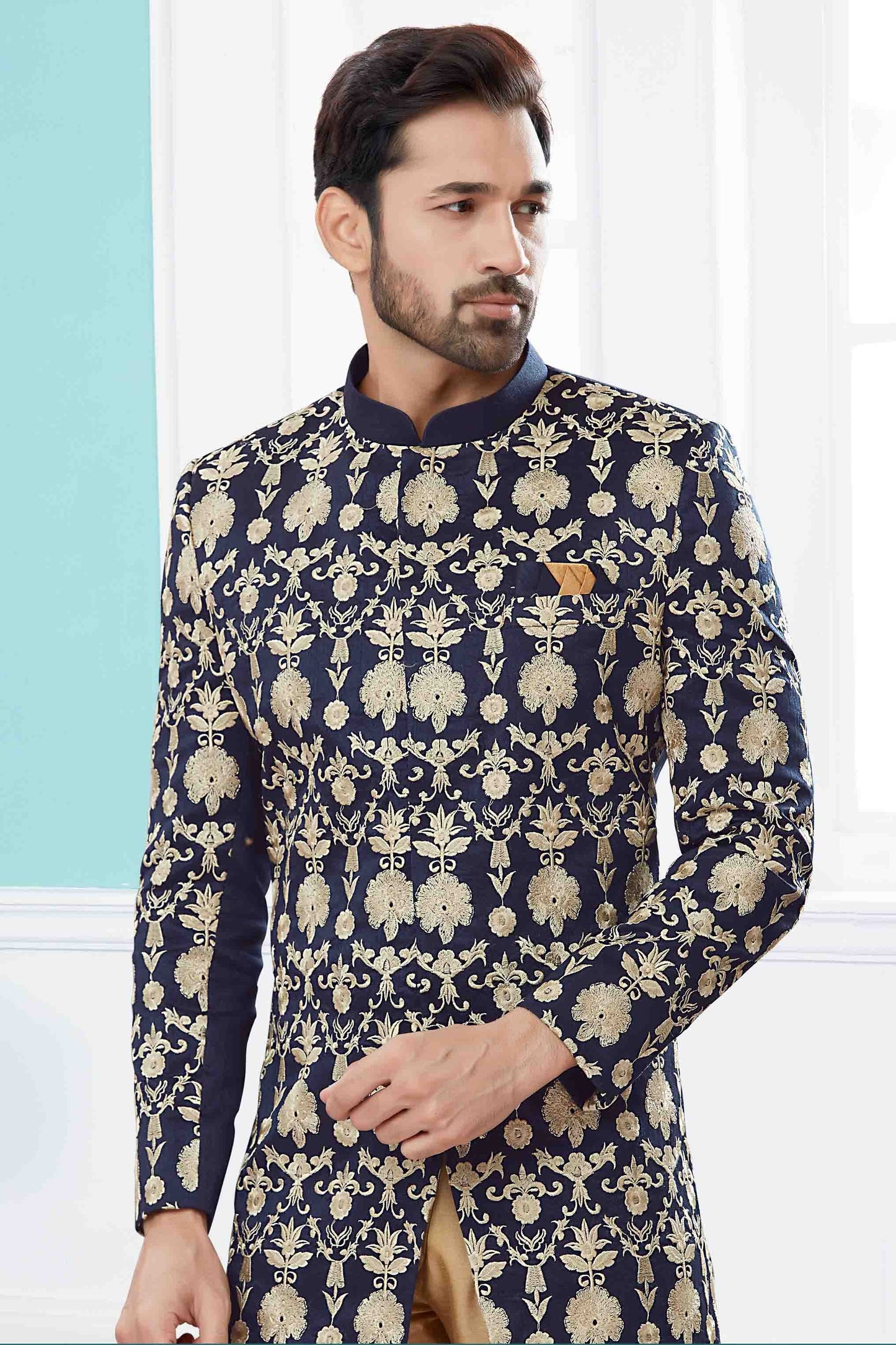 Navy Blue Colour Sherwani In Velvet Fabric SH1040416 A