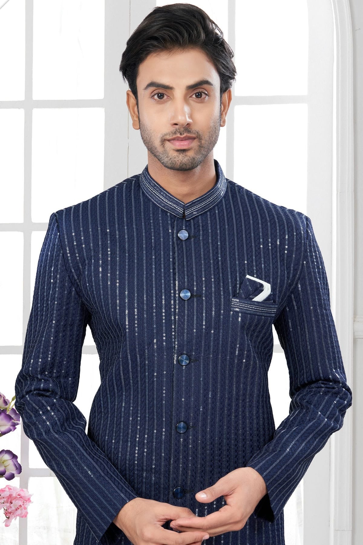 Navy Blue Colour Silk Dupion Sherwani SH1040643 A
