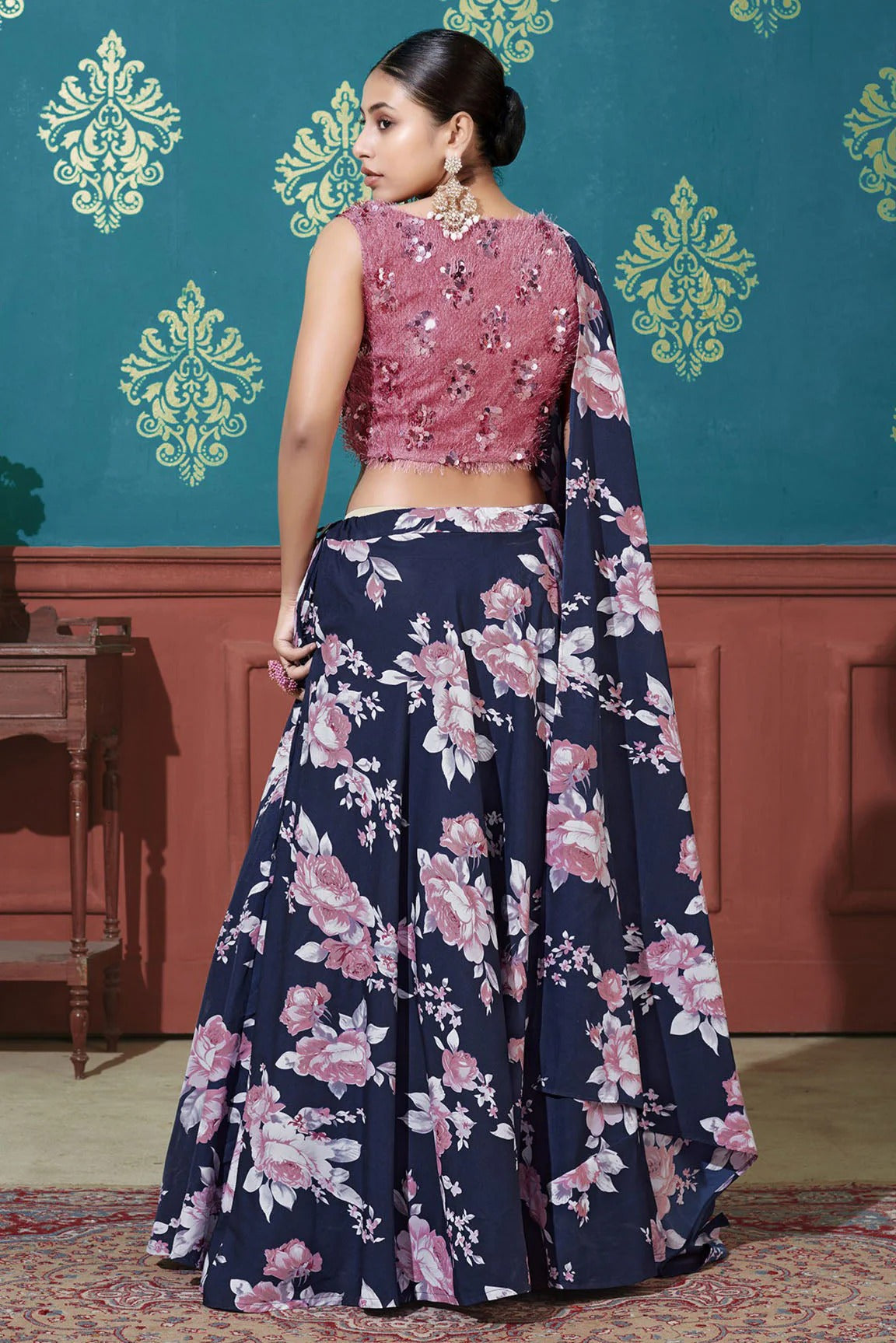 Navy Blue Colour Silk Printed Lehenga Choli LC1150074 B