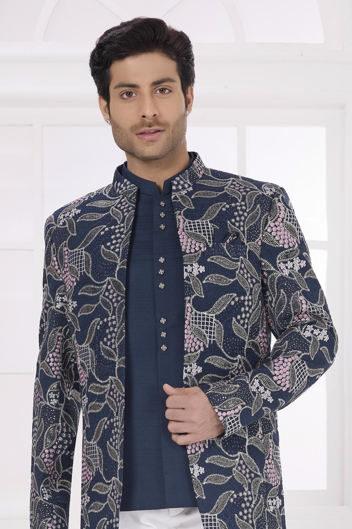 Navy Blue Colour Thread Work Embroidery Art Silk Jodhpuri