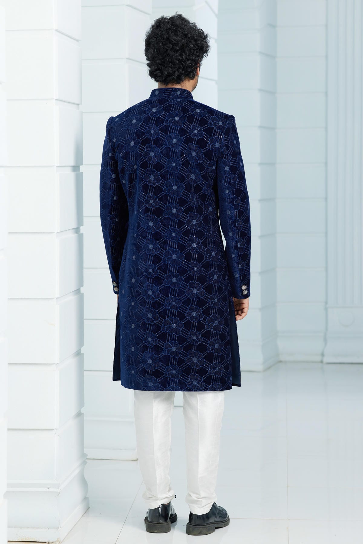 Navy Blue Colour Velvet Thread Embroidery Work Indo Western