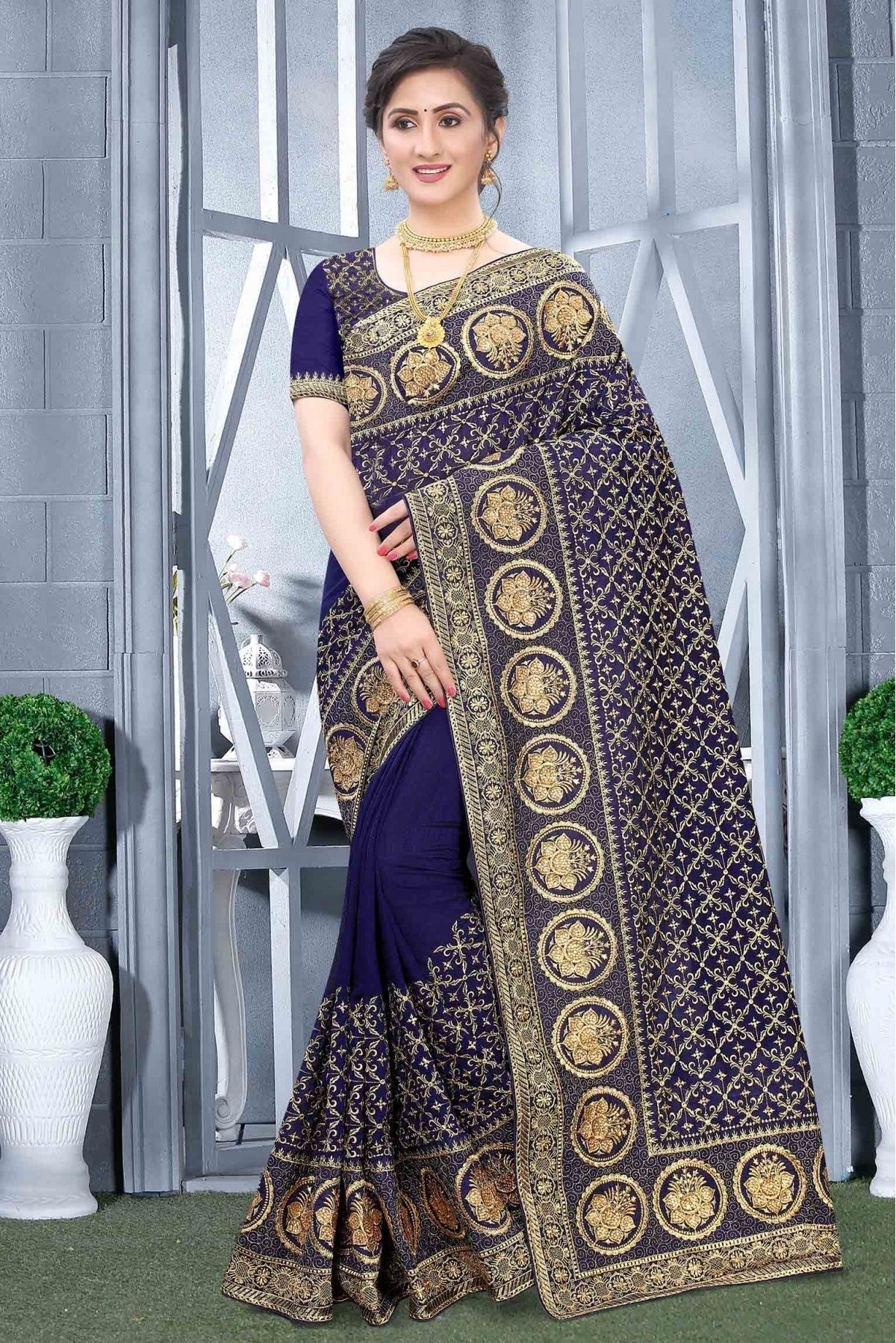 Navy Blue Colour Vichitra Silk Designer Saree SD1090166
