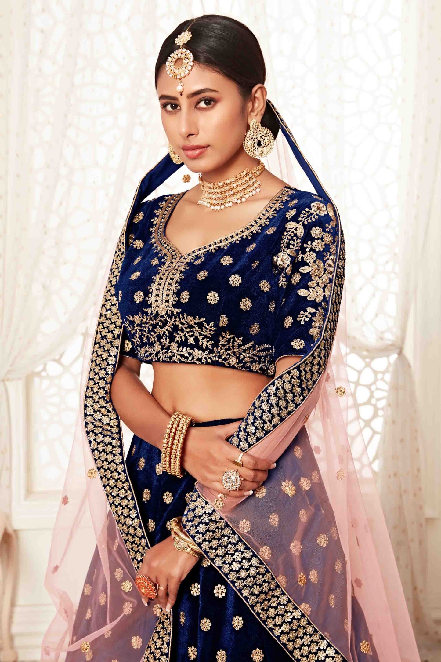 Navy Blue Velvet Designer Lehenga Choli LC1010149 B