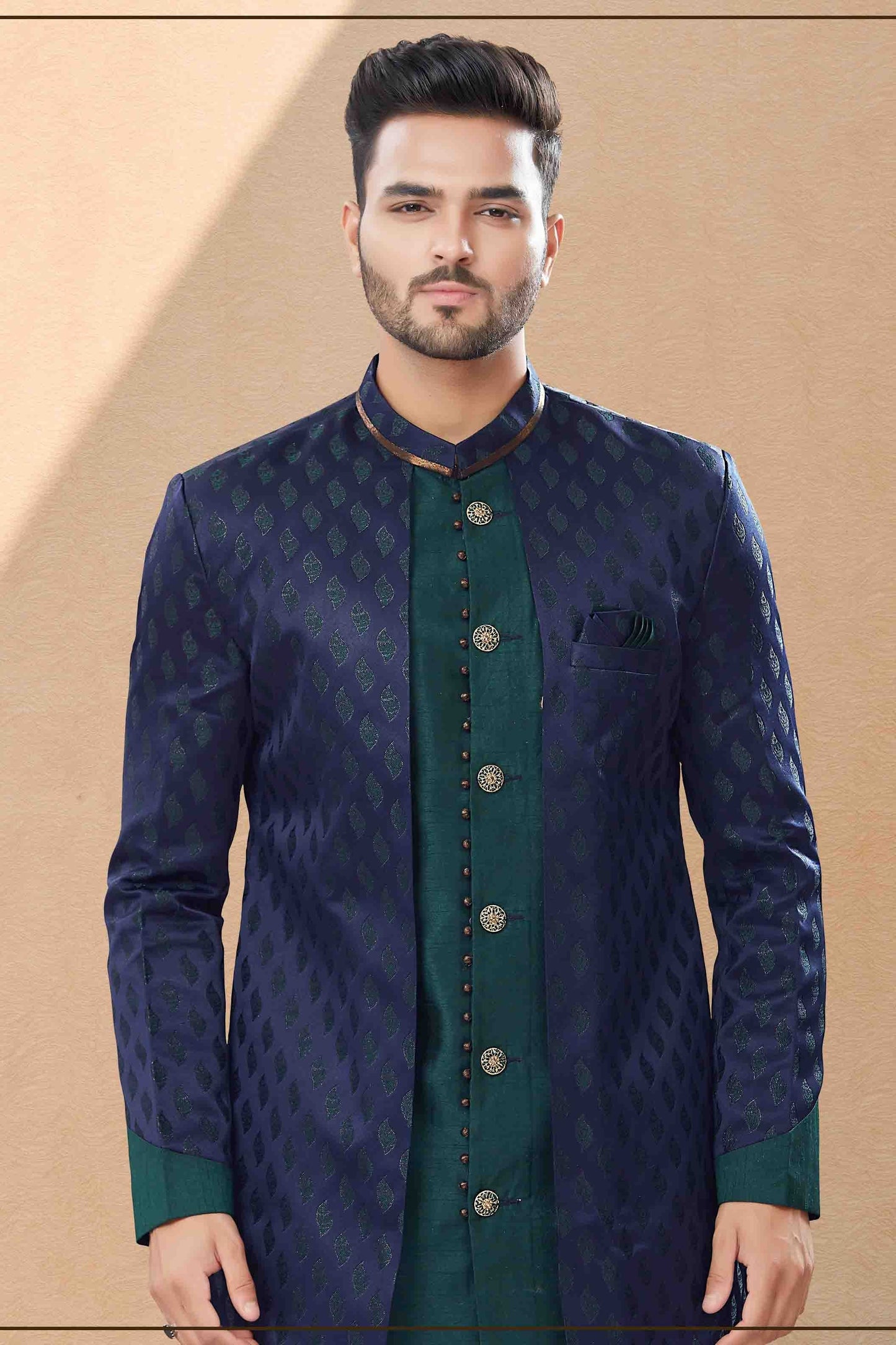 Navy Blue and Green Colour Indo Western In Banarasi Jacquard Fabric SH1040428 A