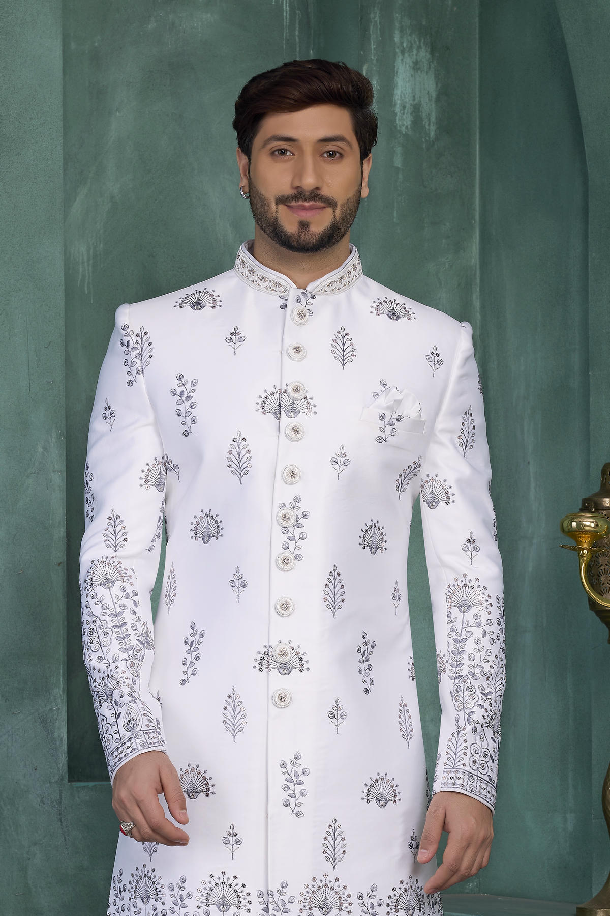 Off White Colour Art Silk Embroidery Work Sherwani