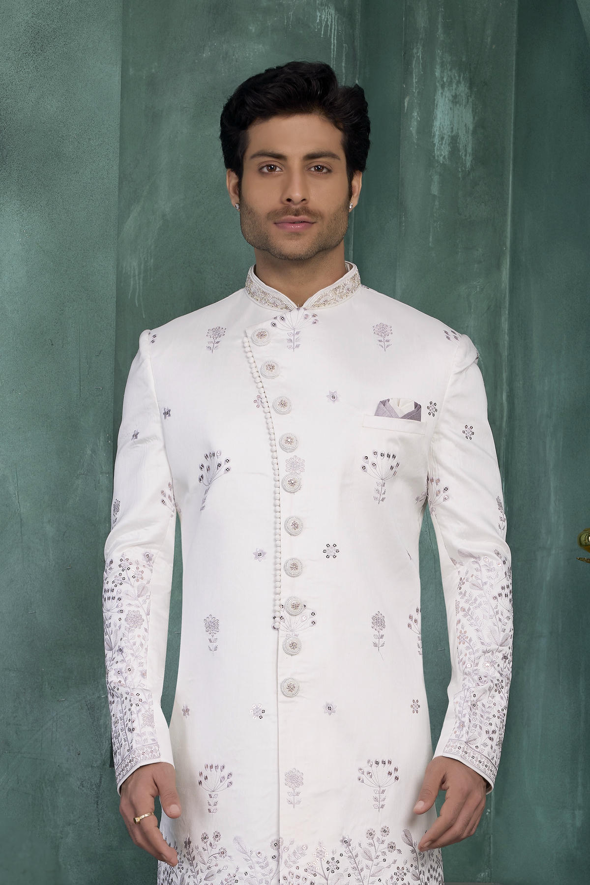 Off White Colour Art Silk Embroidery Work Sherwani