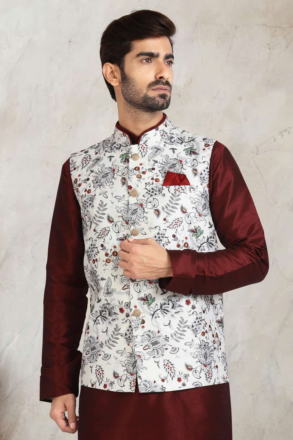 Off White Colour Banarasi Silk Digital Printed Kurta Pajama With Jacket