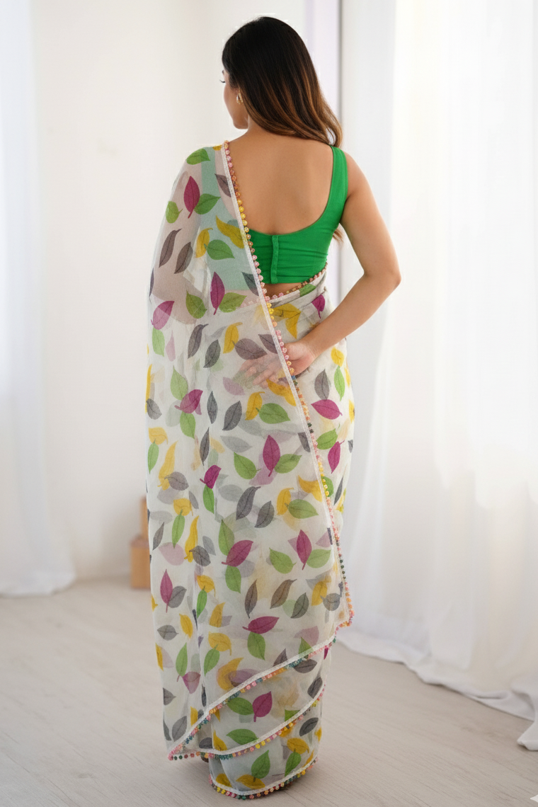 Off White Colour Chiffon Printed Saree