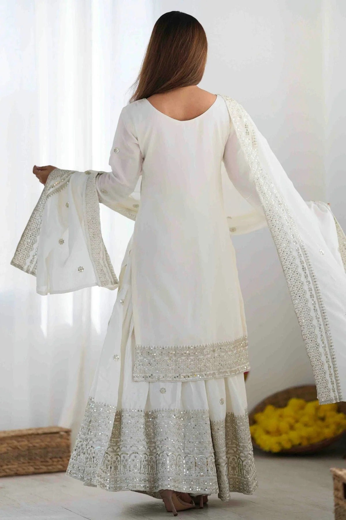 Off White Colour Chinon Silk Stitched Suit SS1112999 A