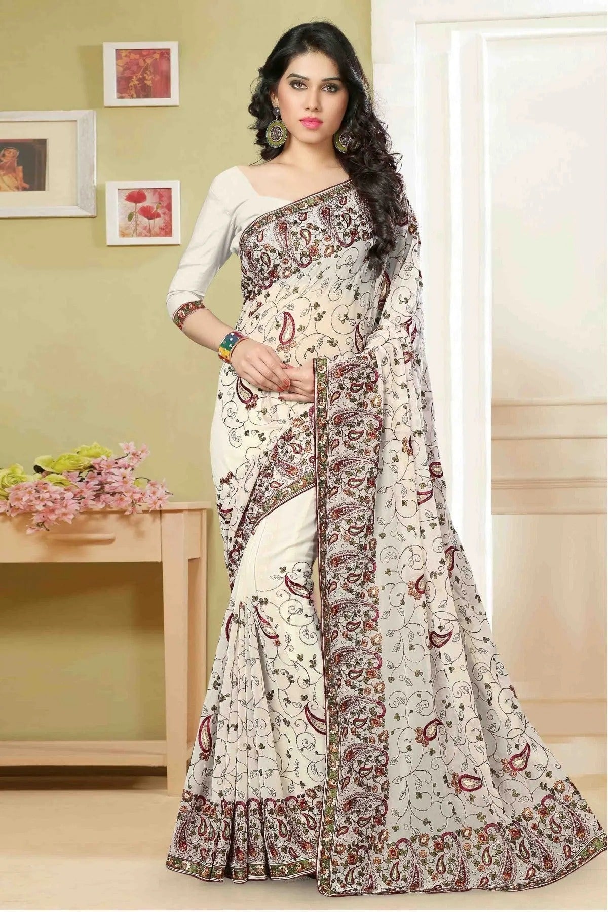Off White Colour Georgette Embroidery Saree SD1120002
