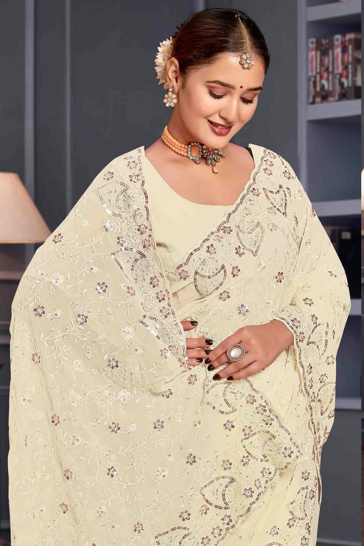 Off White Colour Georgette Embroidery Work Designer Saree SD1091248 A