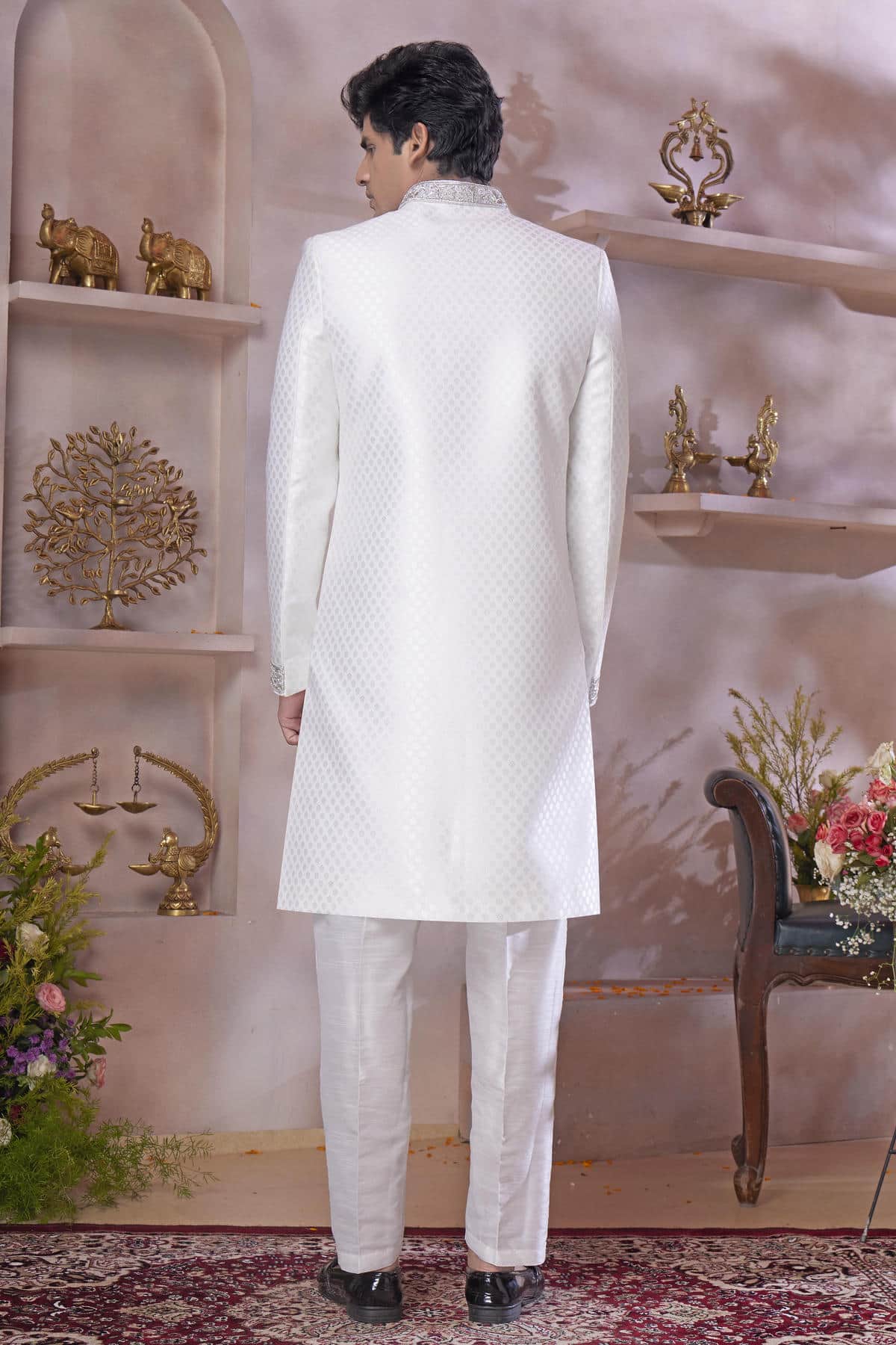 Off White Colour Jacquard Banarasi Silk Embroidery Work Sherwani