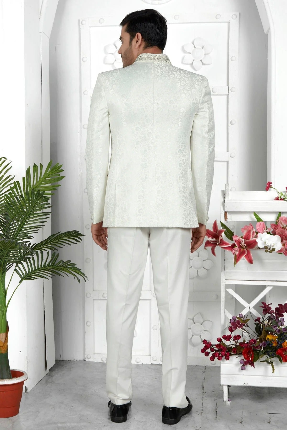 Off White Colour Jacquard Silk Jodhpuri Jacket JP1230102 B