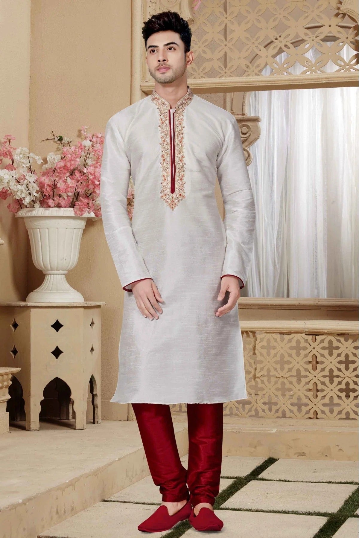 Off White Colour Kurta Pajama In Art Dhupion Fabric KP1040004