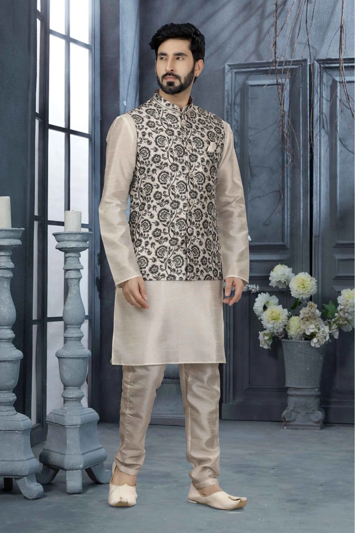 Off White Colour Kurta Pajama With Jacket In Silk Dupion Fabric KP1040189