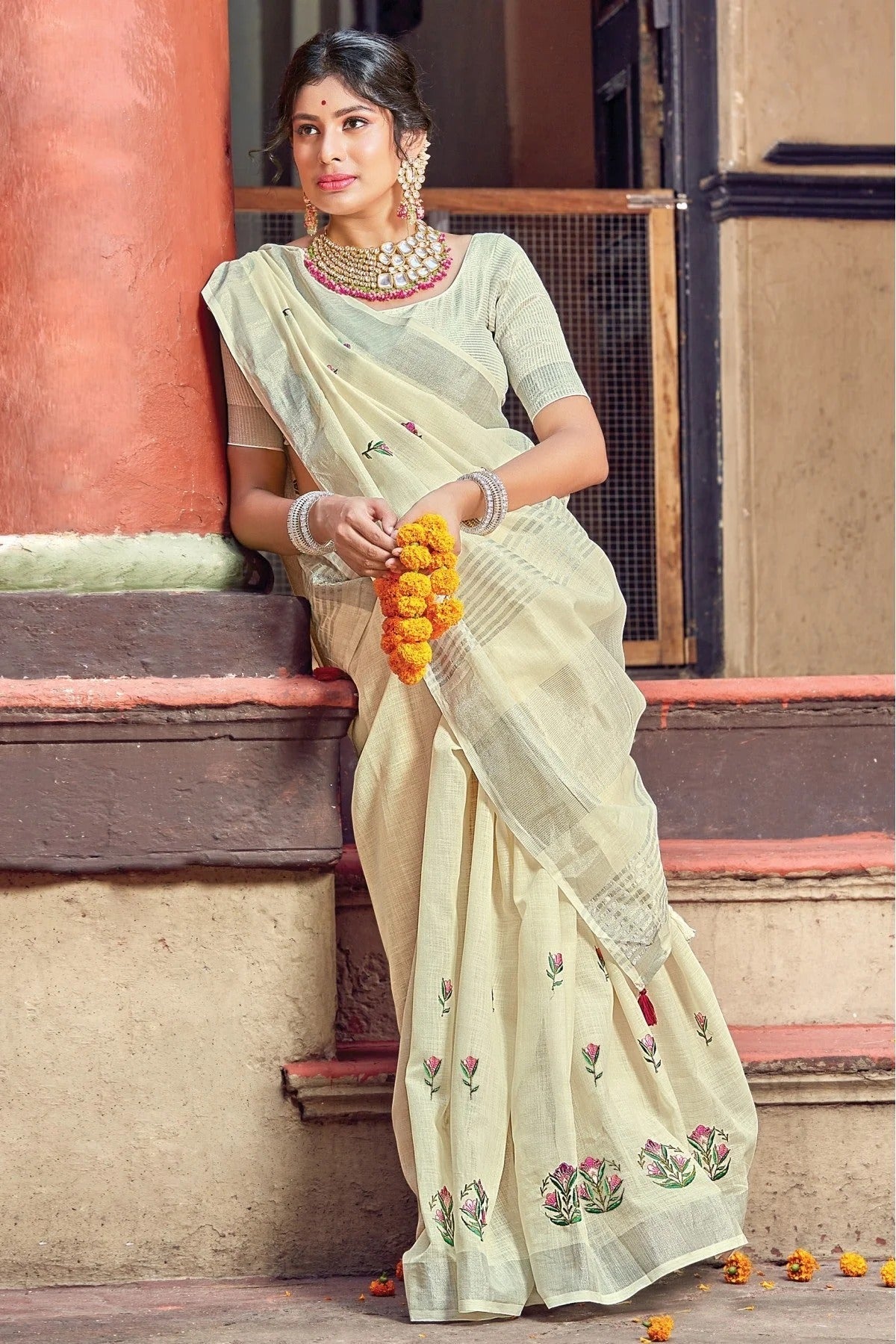 Off White Colour Linen Thread Work Saree SD1100197