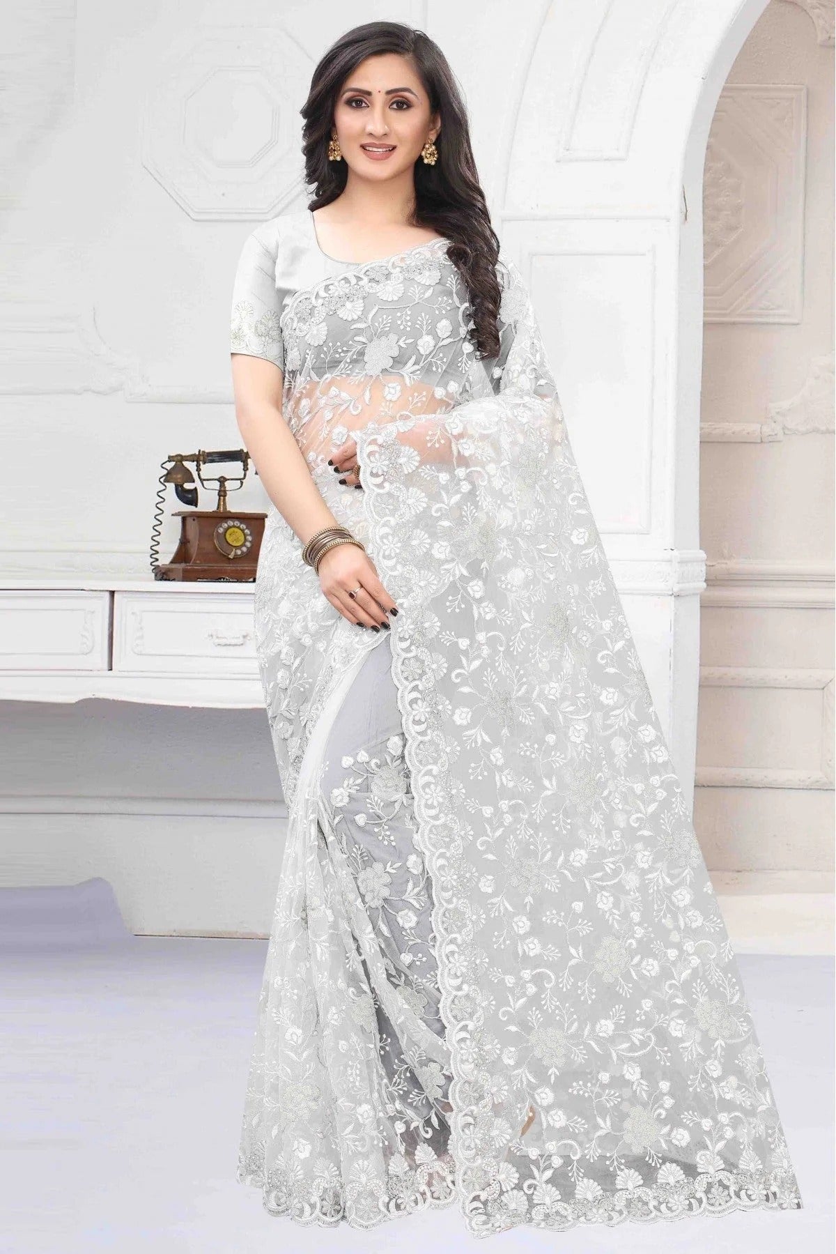 Off White Colour Net Designer Saree SD1090154
