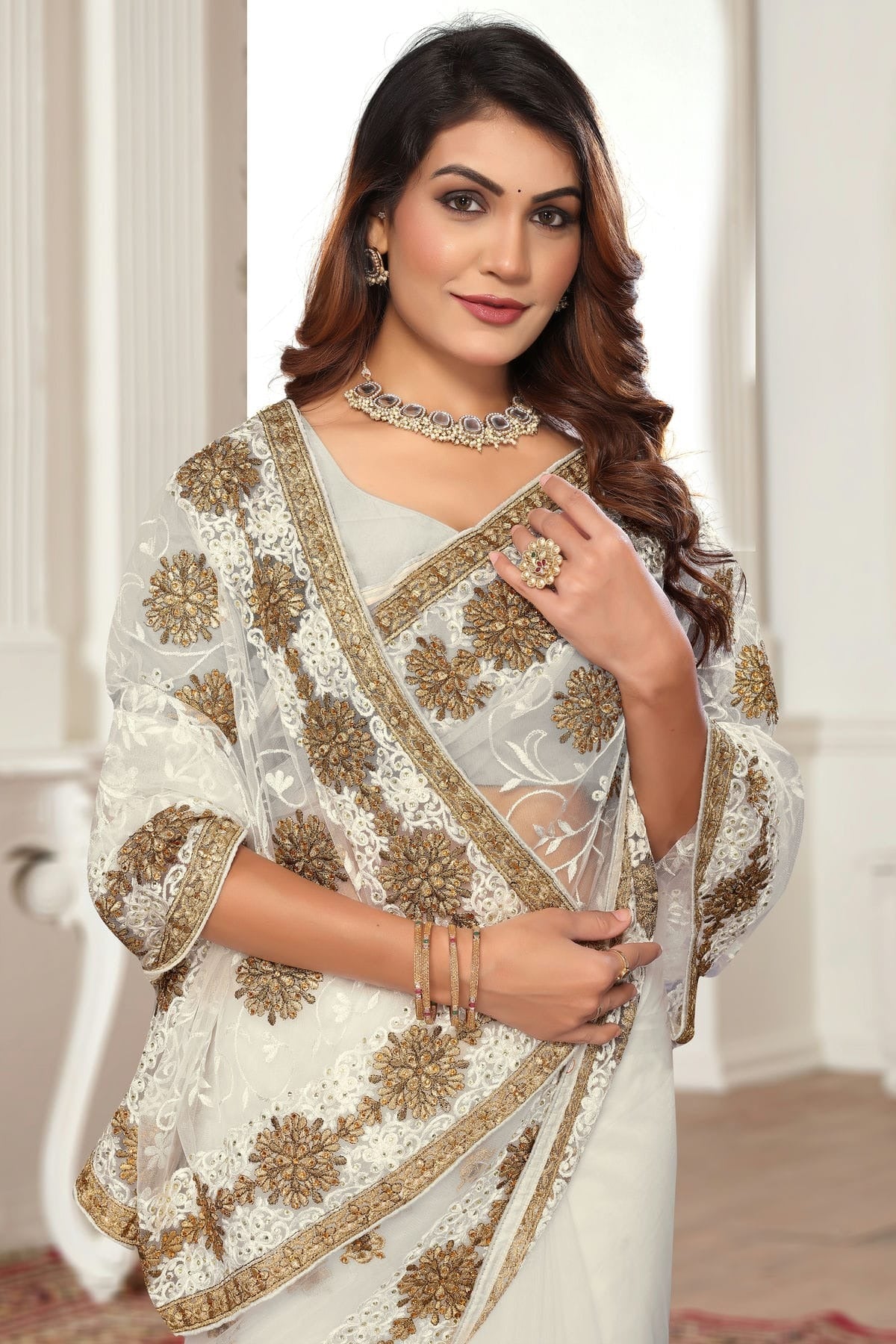 Off White Colour Net Designer Saree SD1091073 A