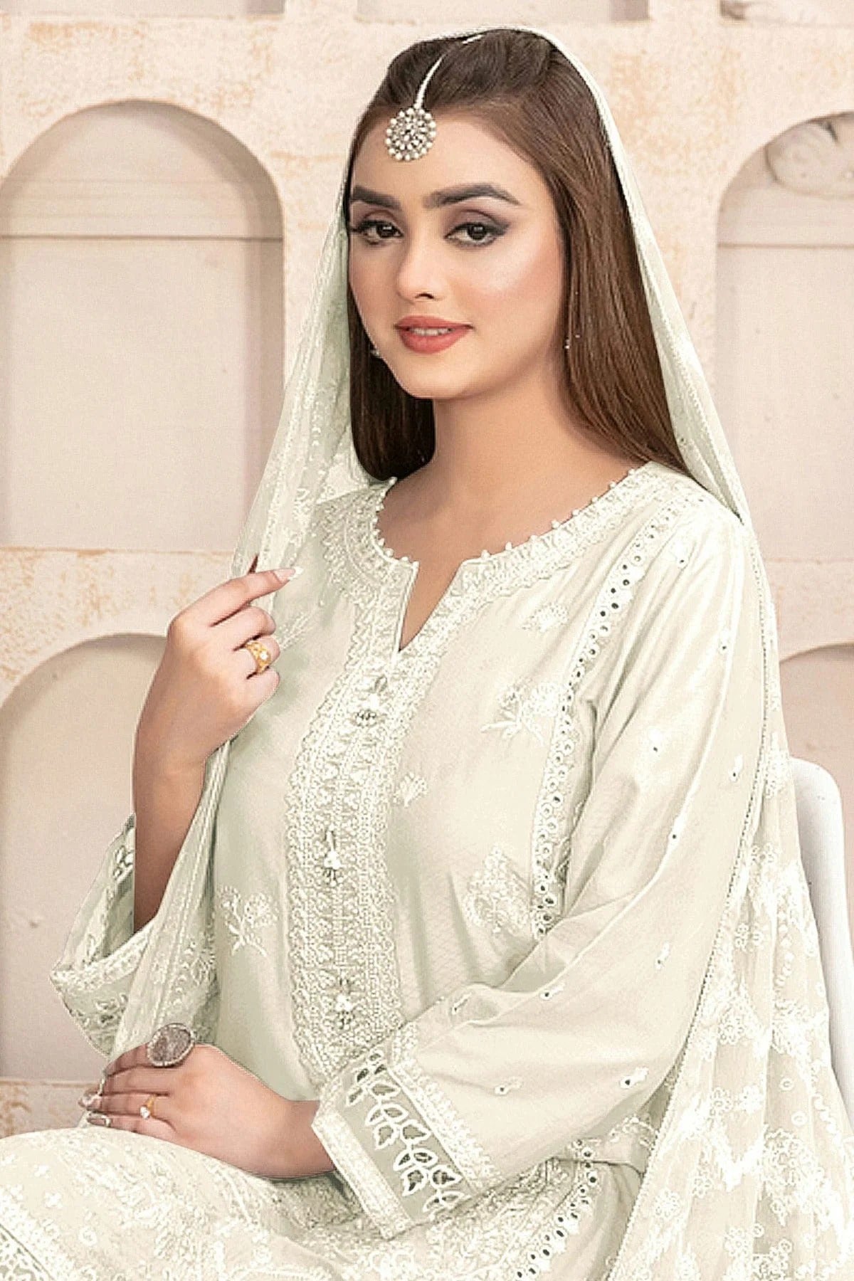 Off White Colour Semi Stitched Faux Georgette Pakistani Suit SM1140186 A