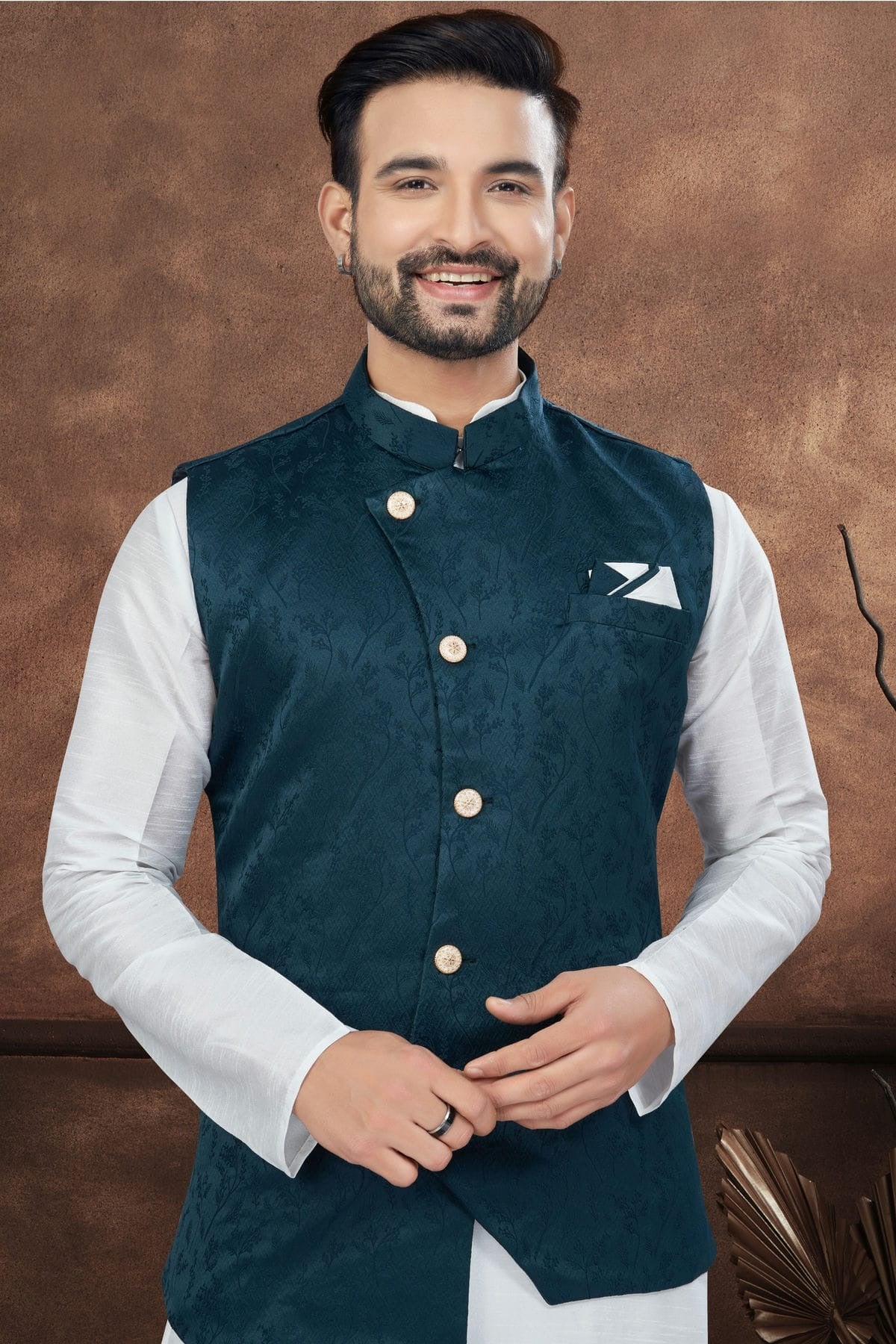 Off White Colour Silk Dupion Jacket Kurta Pajama KP1040650 A