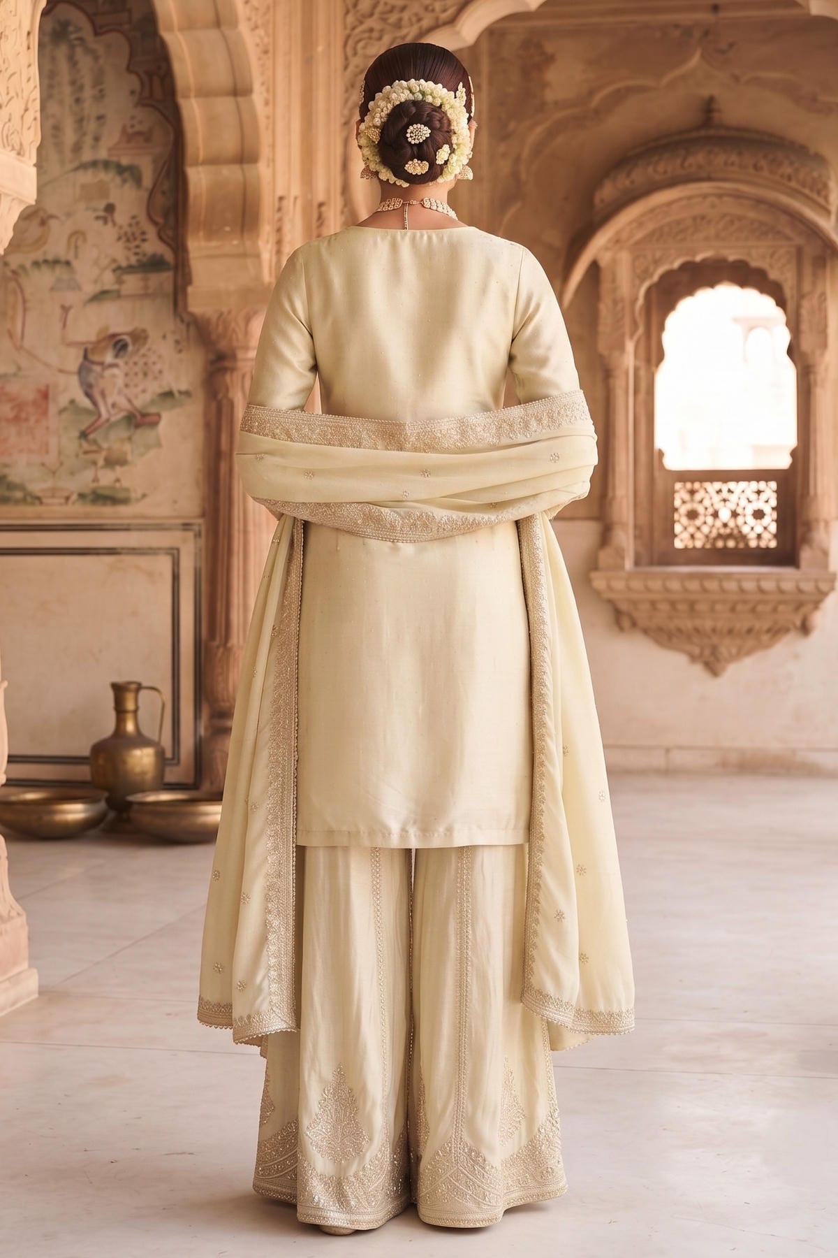 Off White Colour Viscose Embroidery Work Palazzo Pant Suit