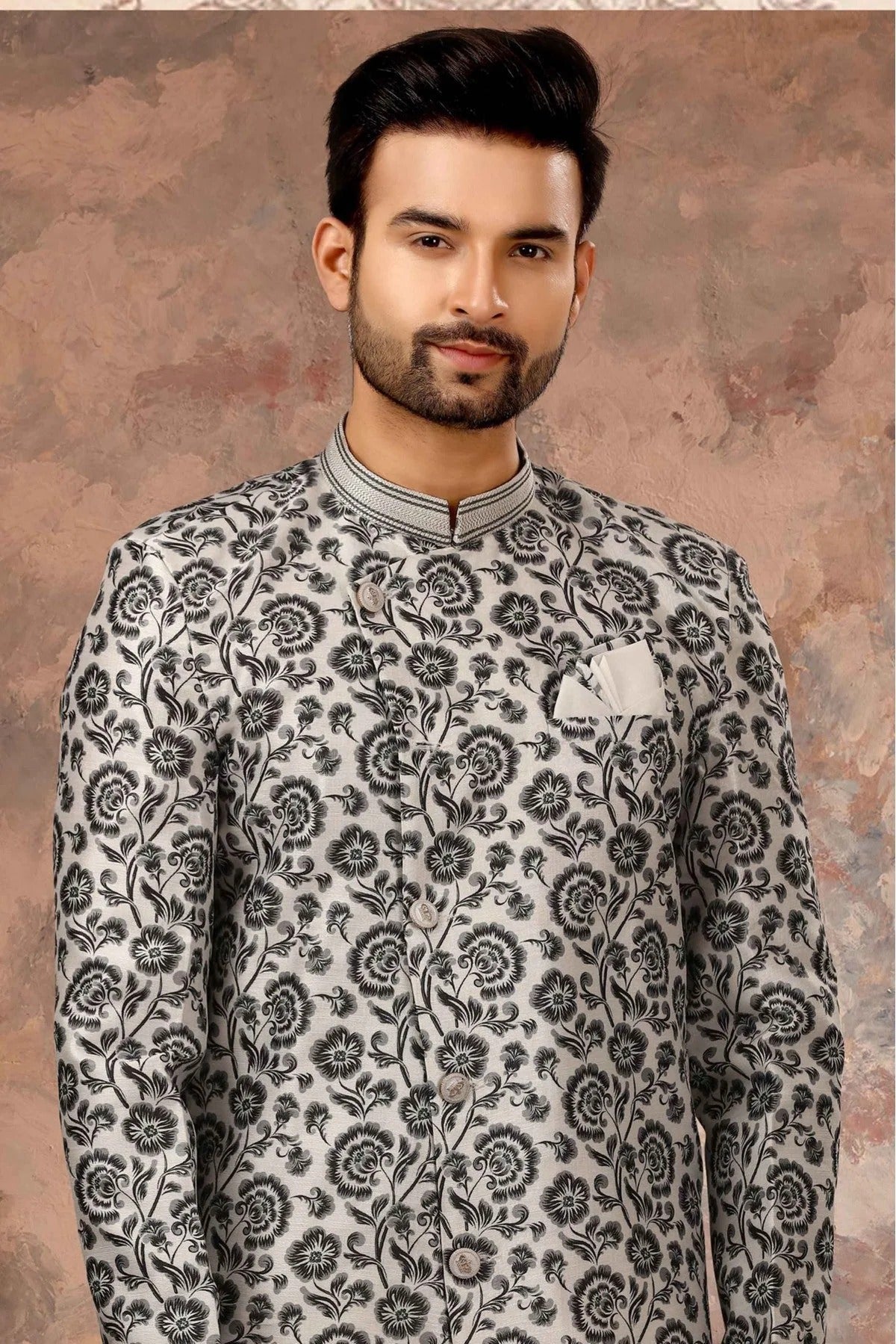 Off White and Black Colour Jacquard Digital Print Sherwani SH1040328 A