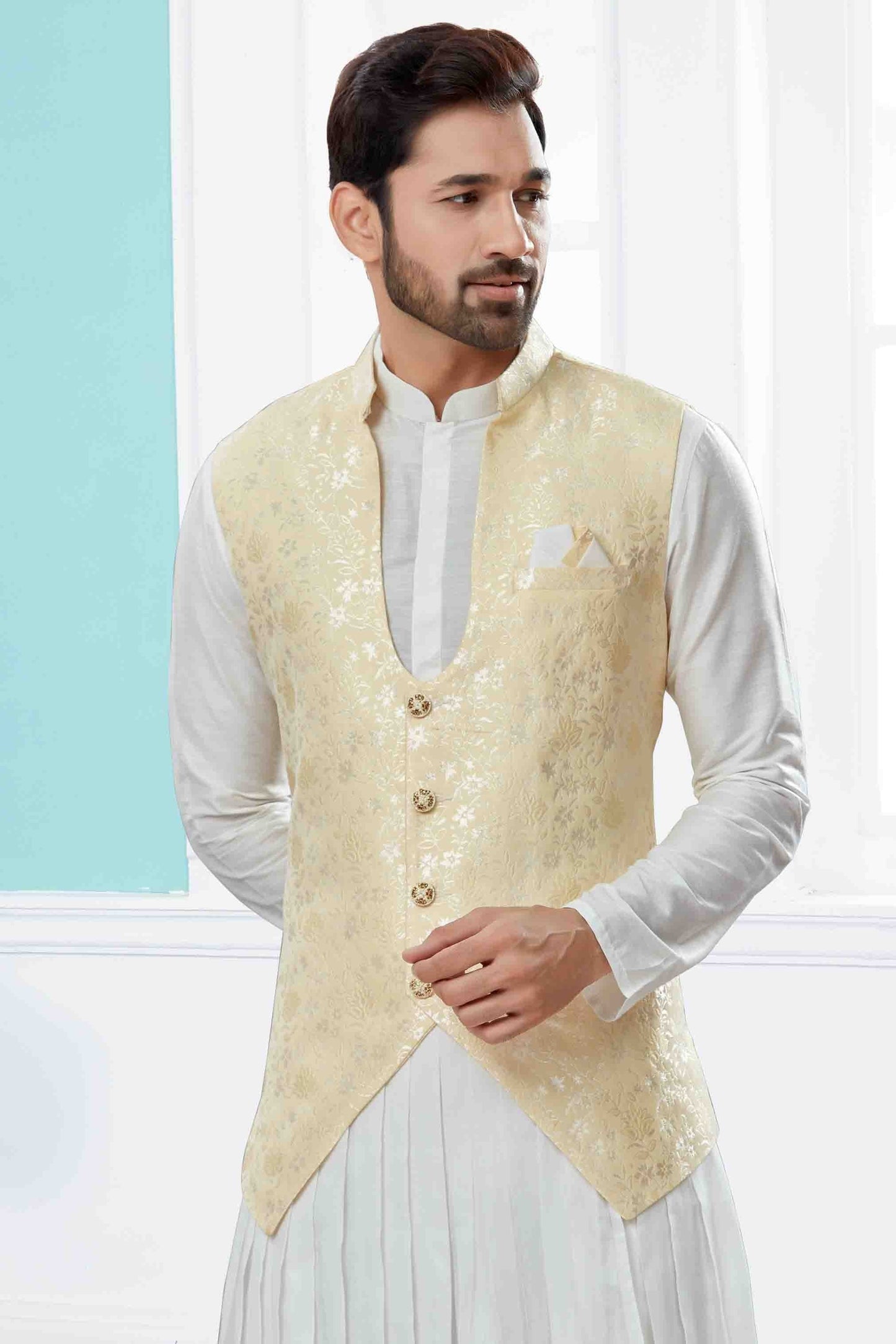Off White and Cream Colour Indo Western In Silk Dupion Fabric SH1040475 A