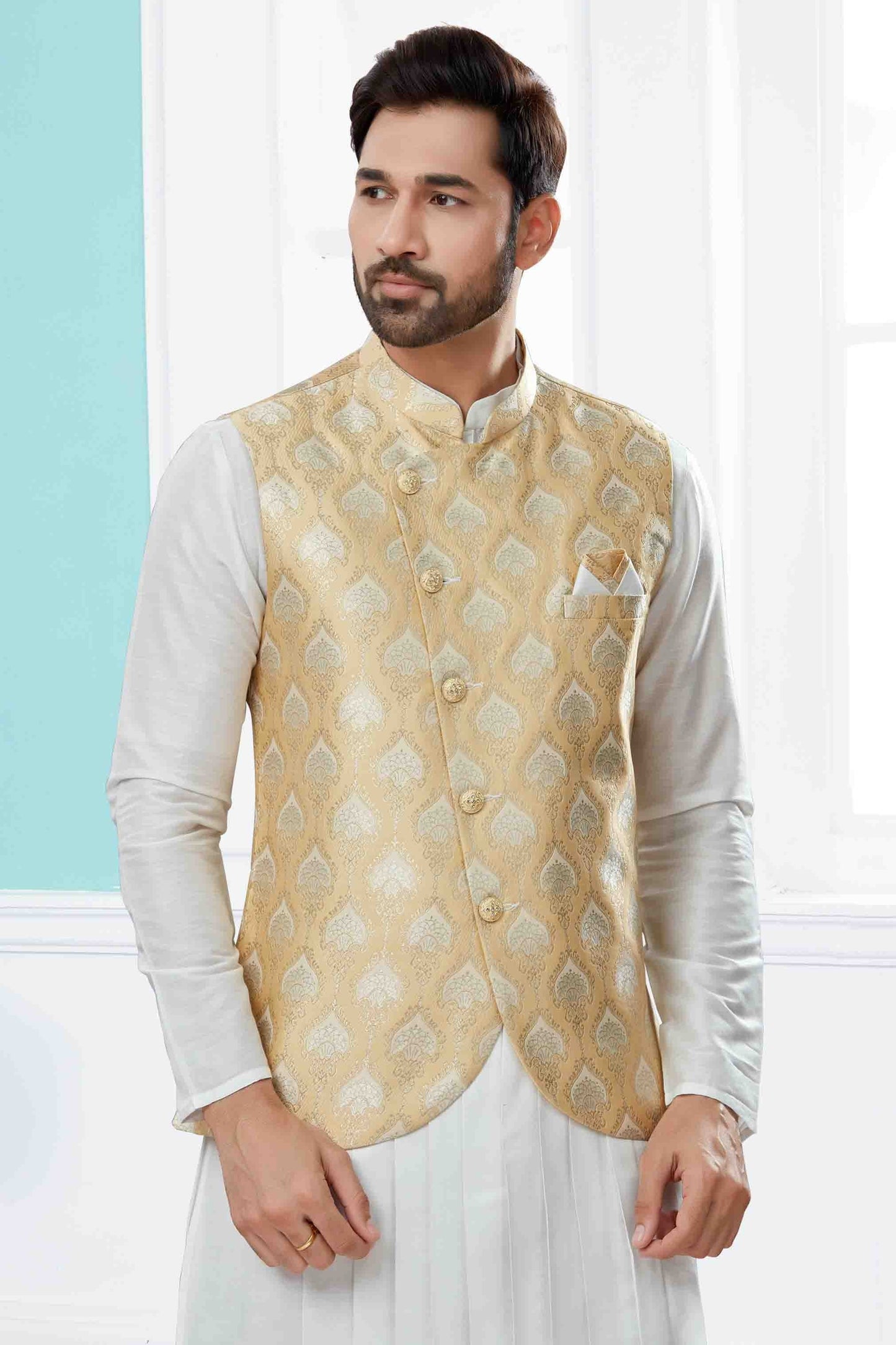 Off White and Gold Colour Indo Western In Silk Dupion Fabric SH1040477 A