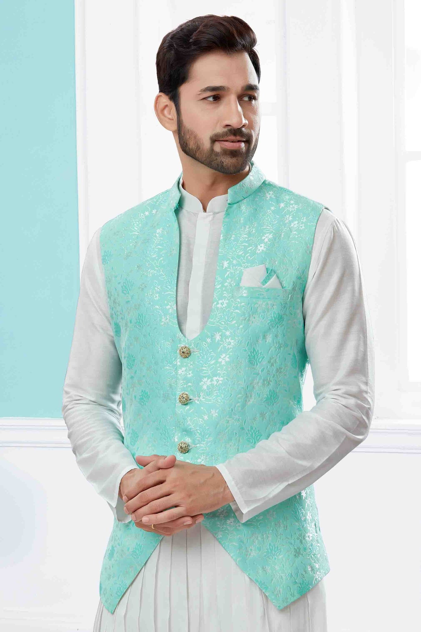 Off White and Green Colour Indo Western In Silk Dupion Fabric SH1040481 A