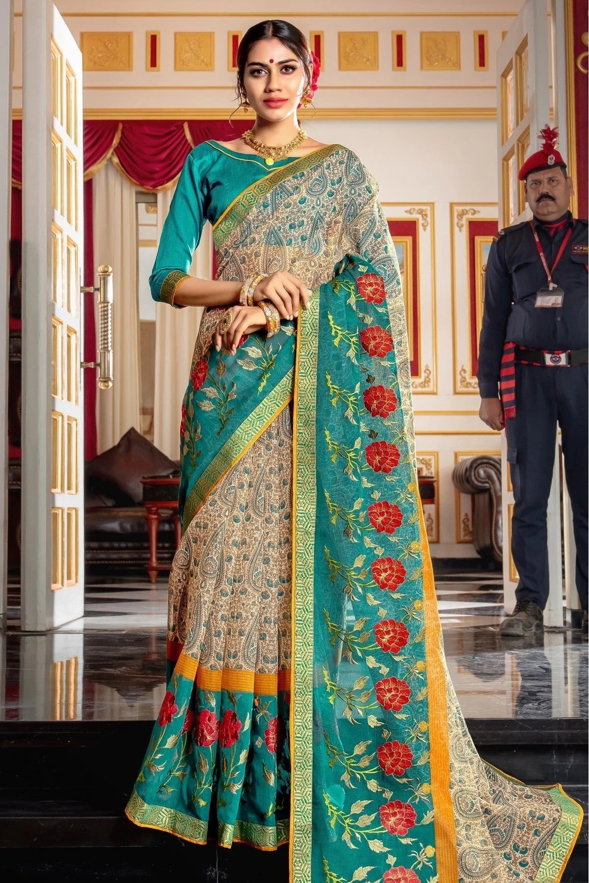 Off White and Green Colour Kota Printed Saree SD1100756