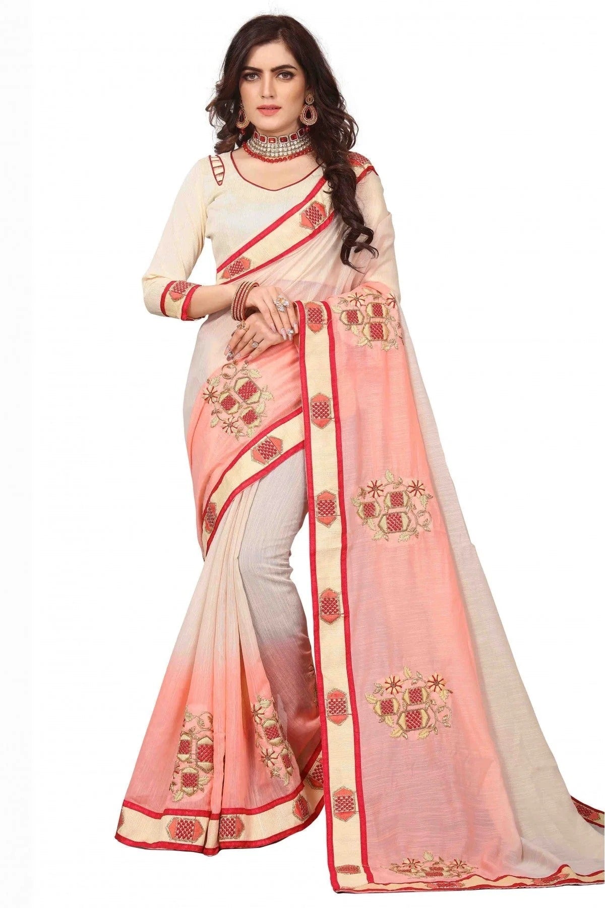 Off White and Peach Colour Art Silk Embroidery Saree SD1120135