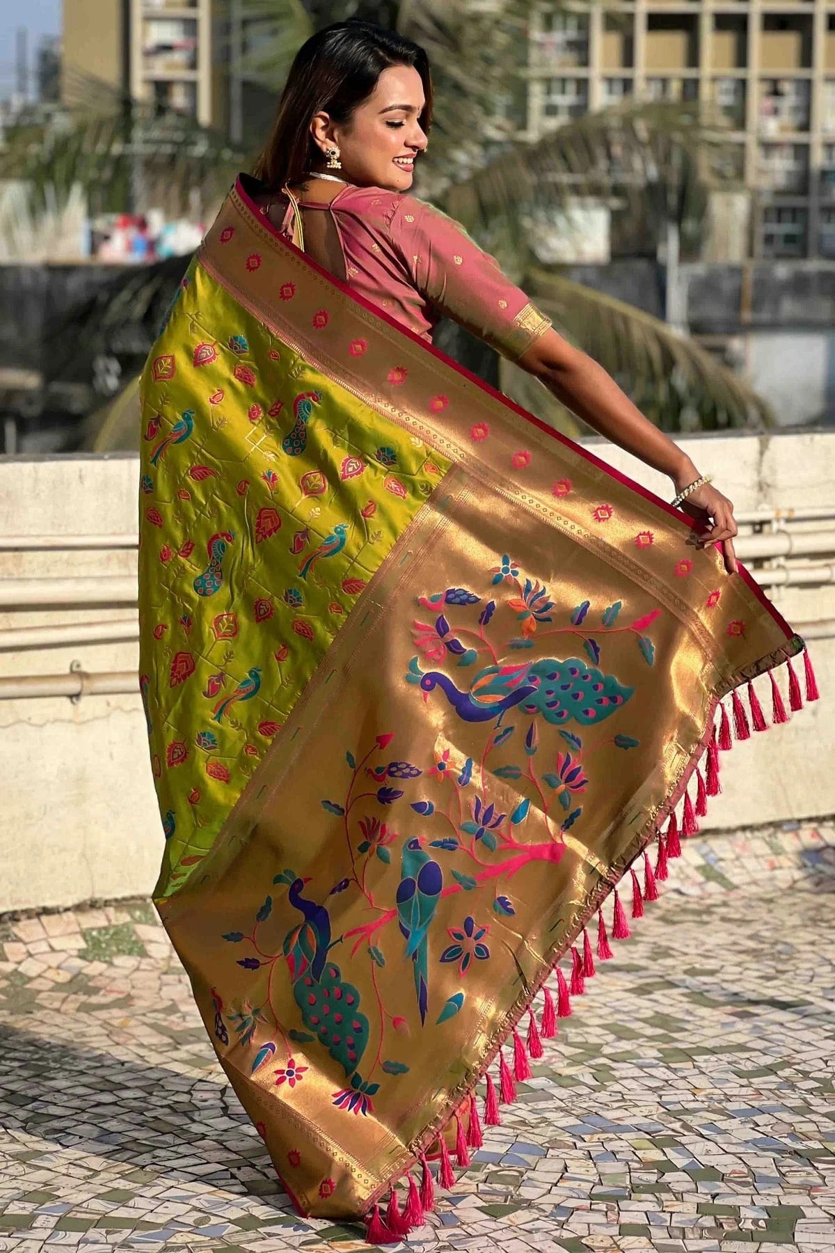 Olive Green Colour Meenakari Work Soft Silk Paithani Sarees SD1113368 A