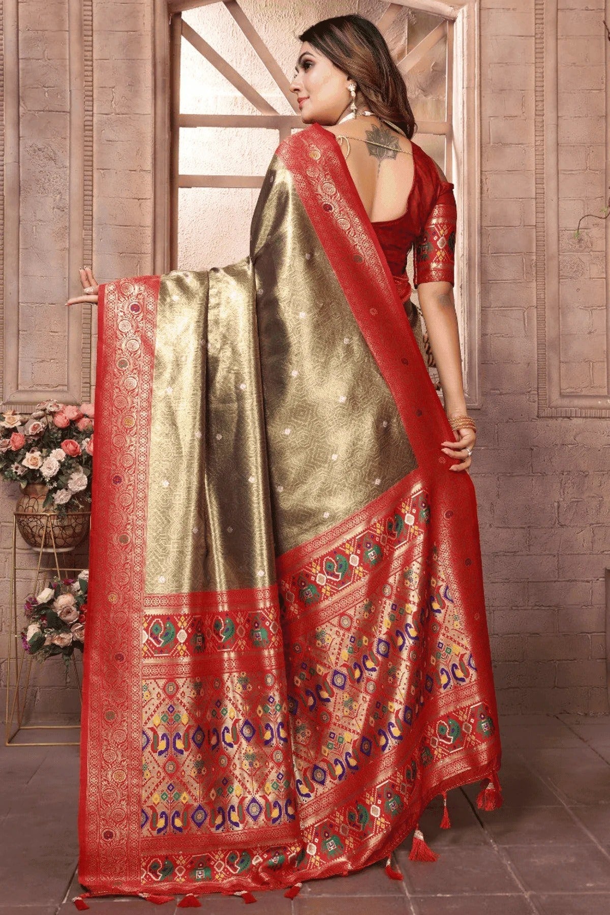 Olive Green Colour Woven Work Pure Banarasi Tissue Silk Traditional Saree SD1250328 B
