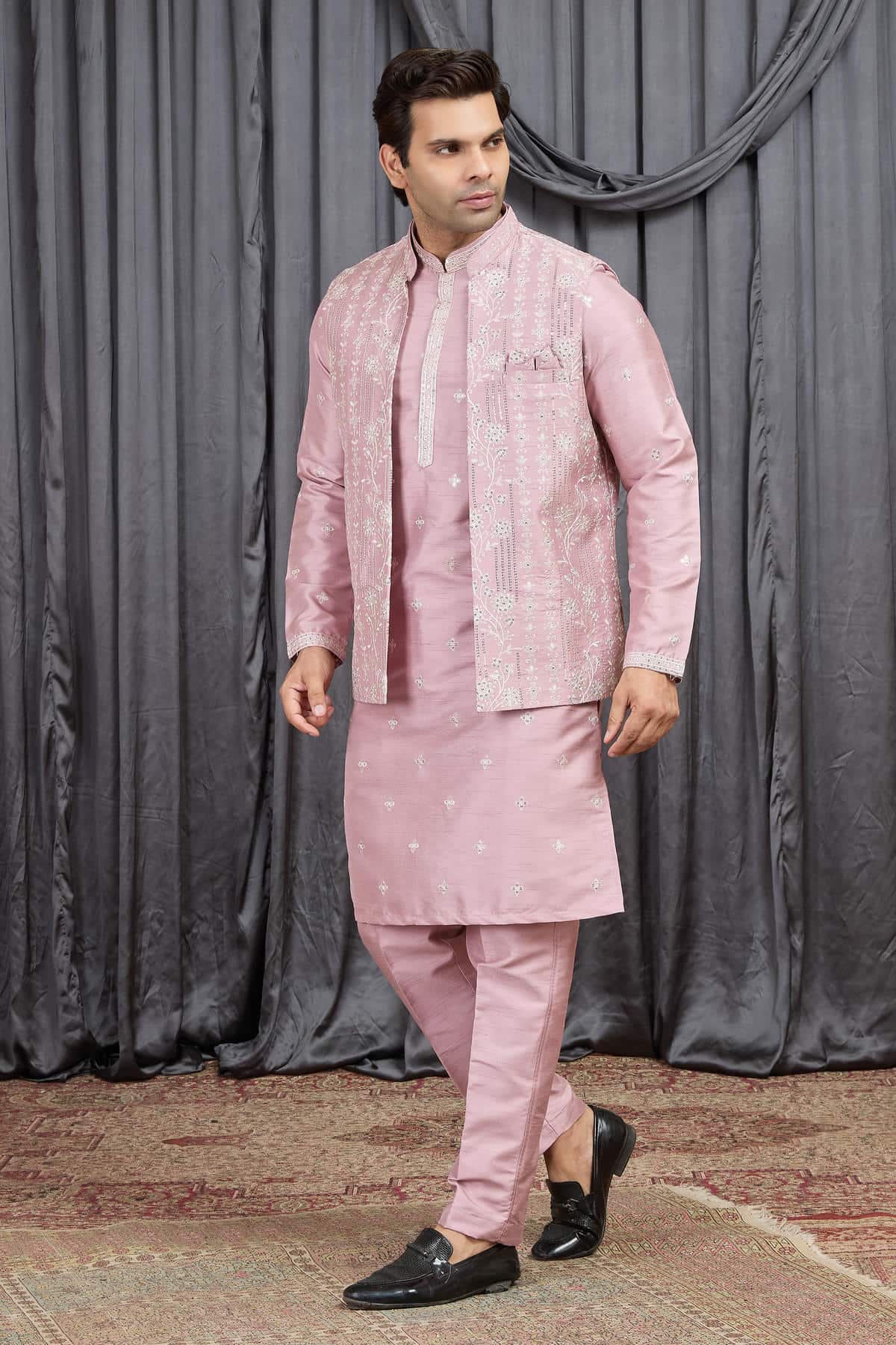 Onion Colour Art Silk Embroidery Work 3 Pcs Kurta Jacket Set KP1230611