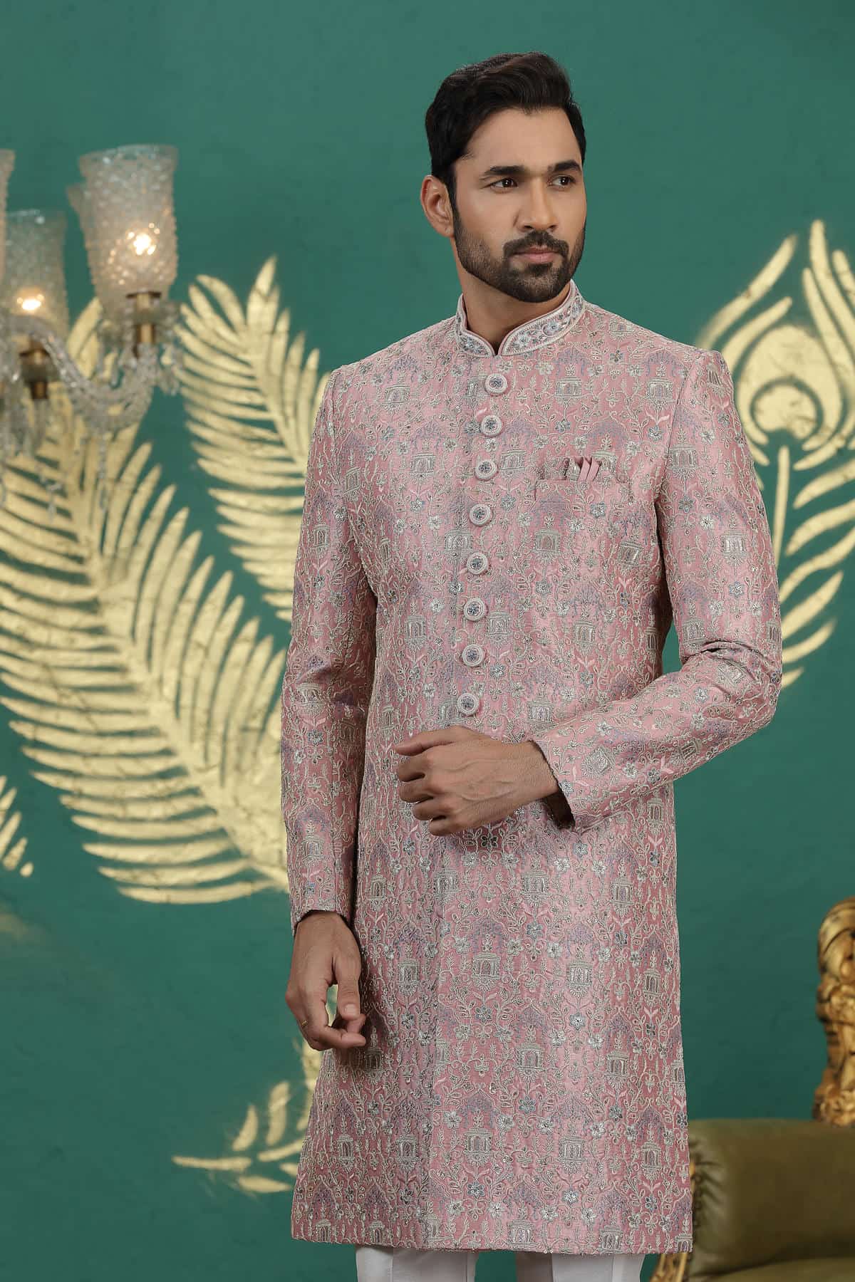 Onion Pink Colour Art Silk Embroidery Sherwani