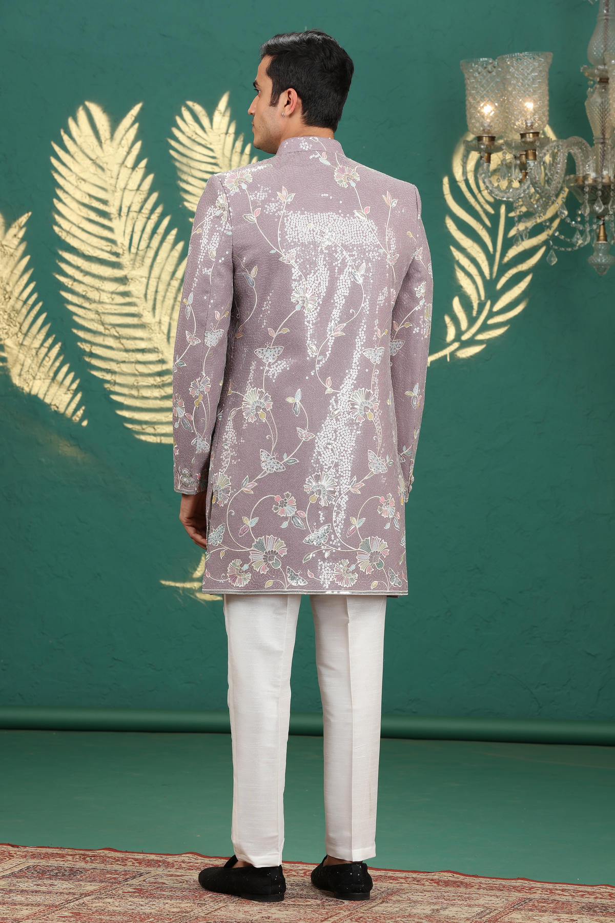 Onion Pink Colour Art Silk Embroidery Work 3 Pcs Jacket Set Sherwani