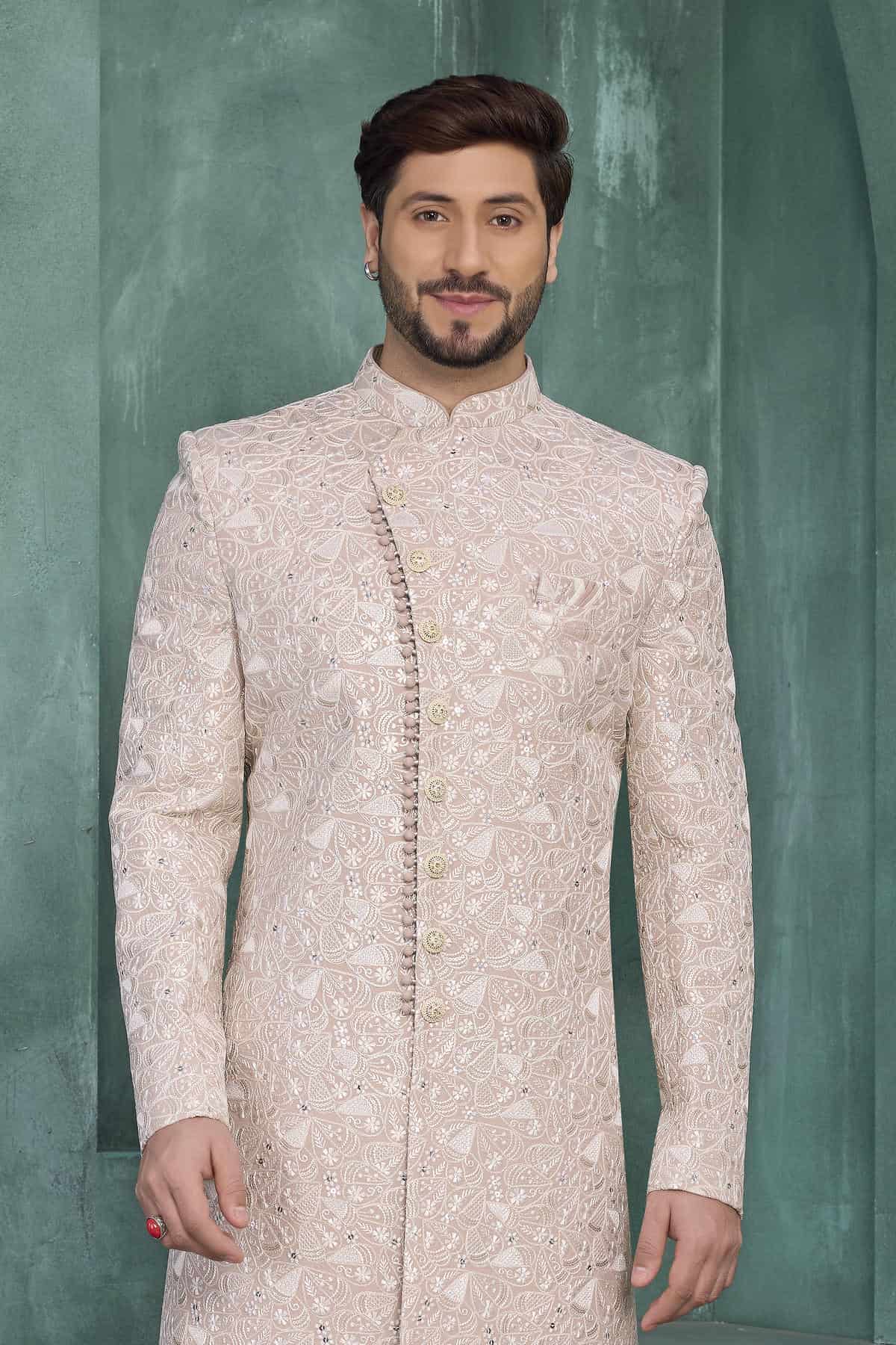 Onion Pink Colour Art Silk Embroidery Work Sherwani