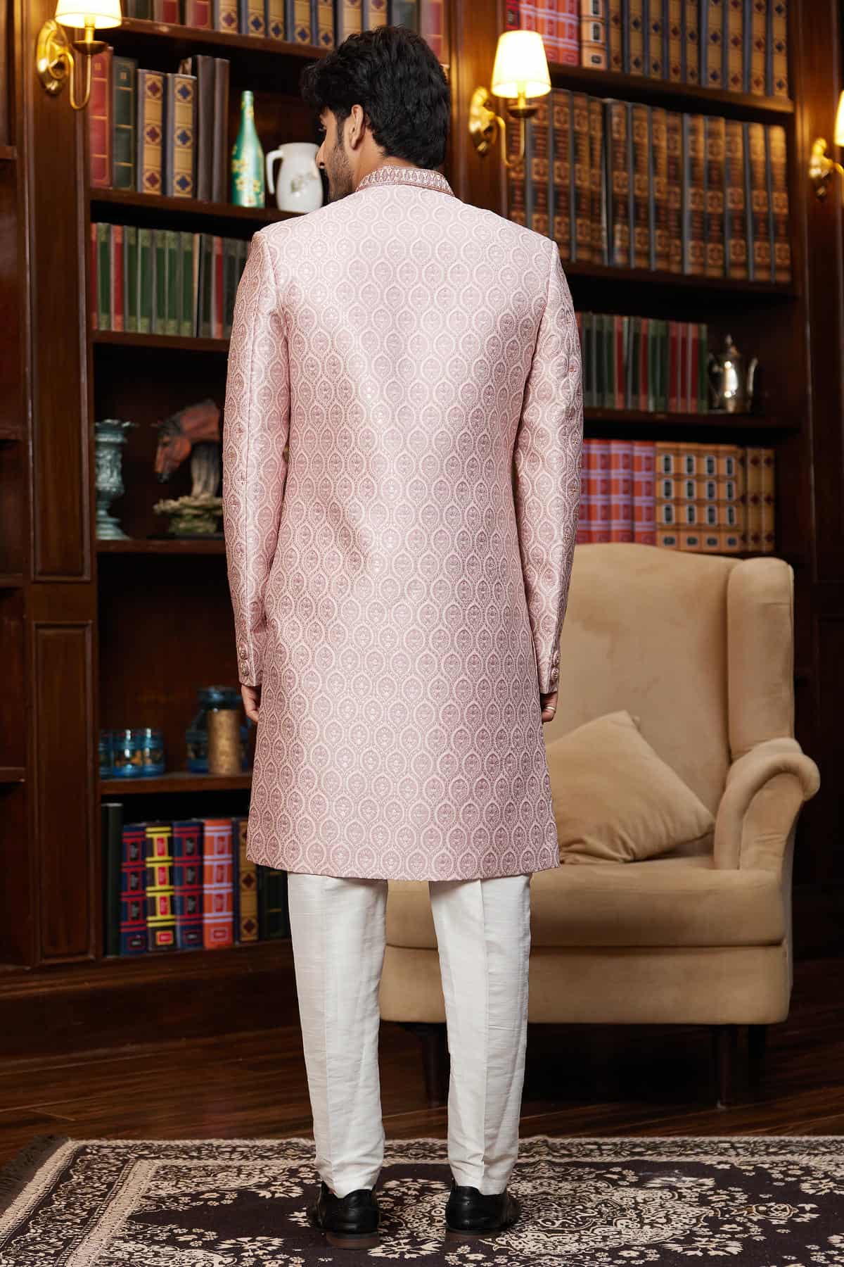 Onion Pink Colour Jacquard Silk Embroidery Work Indo Western
