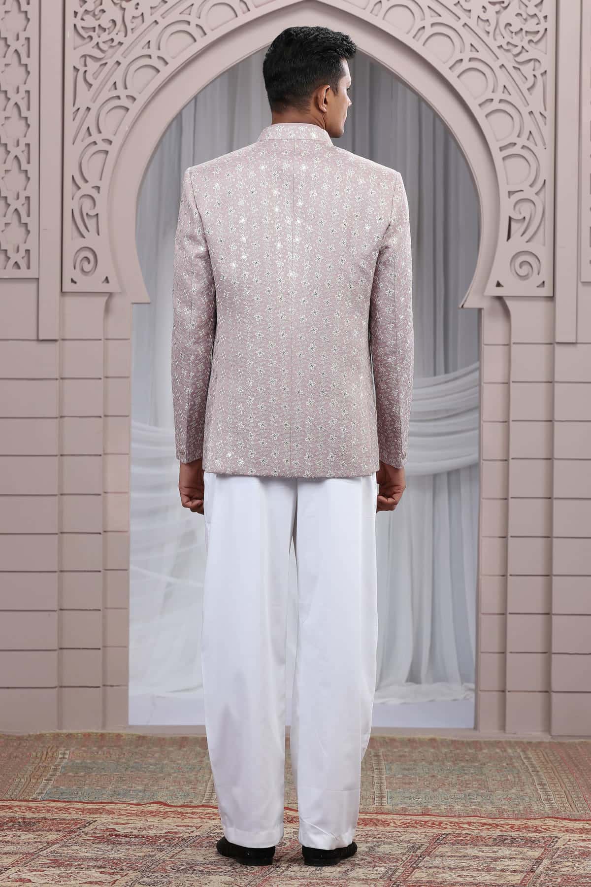 Onion Pink Colour Thread Work Embroidery Art Silk 3 Pcs Jacket Jodhpuri