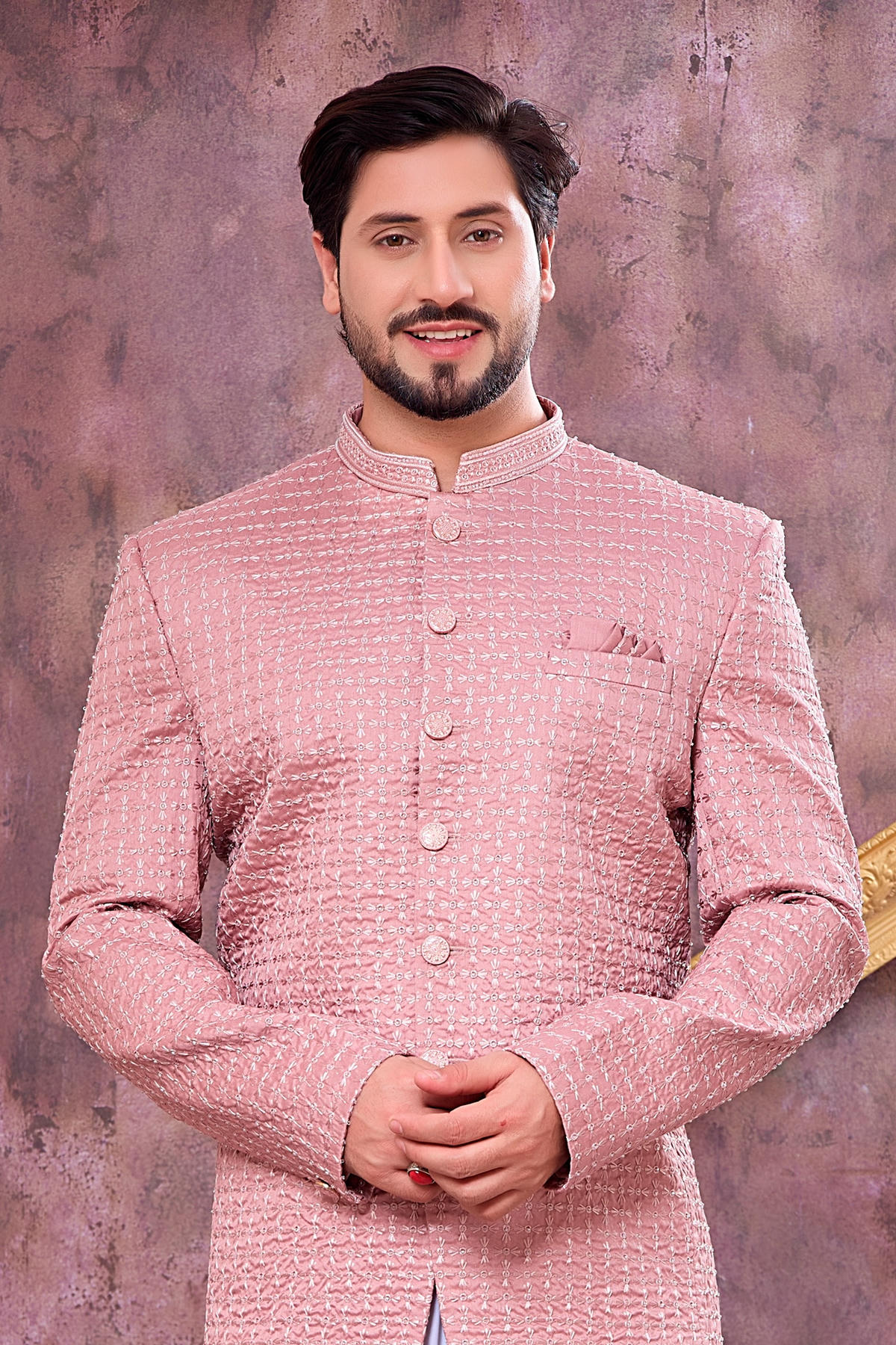 Onion Pink Colour Thread Work Embroidery Art Silk Jodhpuri