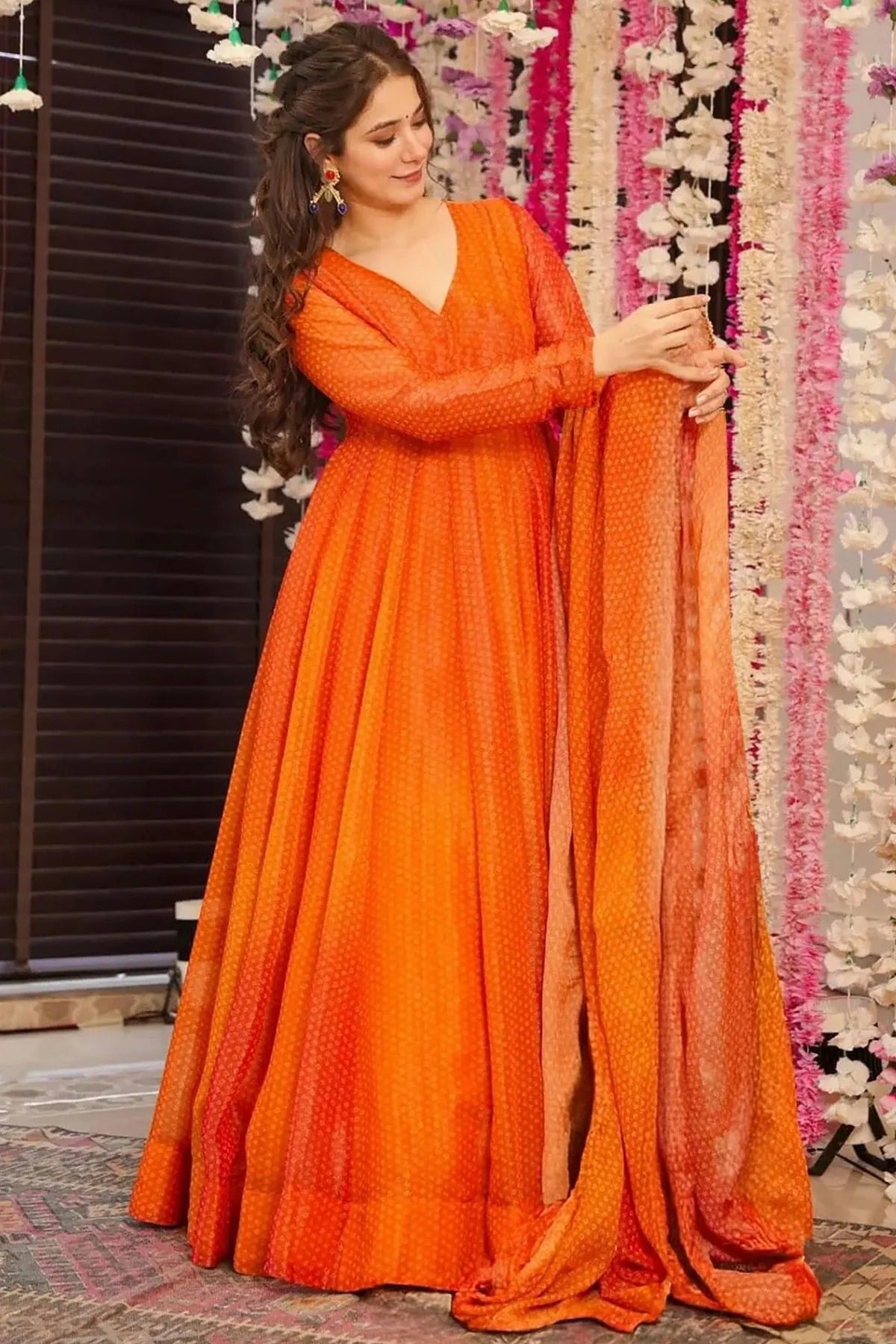 Orange Colour Chinon Stitched Gown GW1112312 B